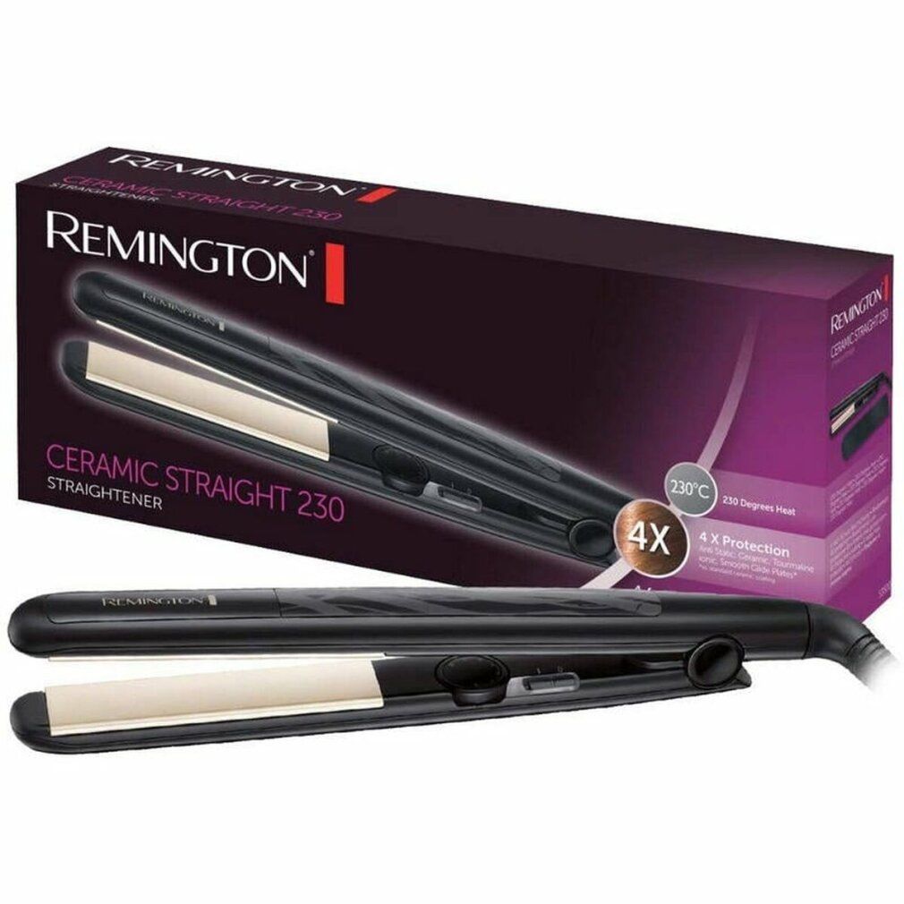 Verpackung mit Glätteisen. Marke Remington. Text: Ceramic Straight 230. 4X Protection.
