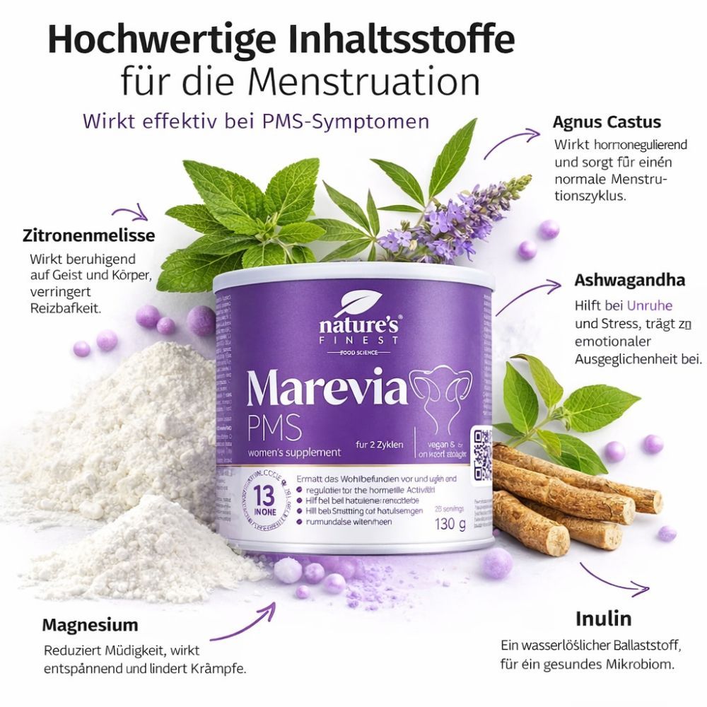 Produkt mit lila Dose, Marevia PMS, Nature's Finest. Illustrationen von Inhaltsstoffen wie Zitronenmelisse, Ashwagandha, Inulin und Magnesium.