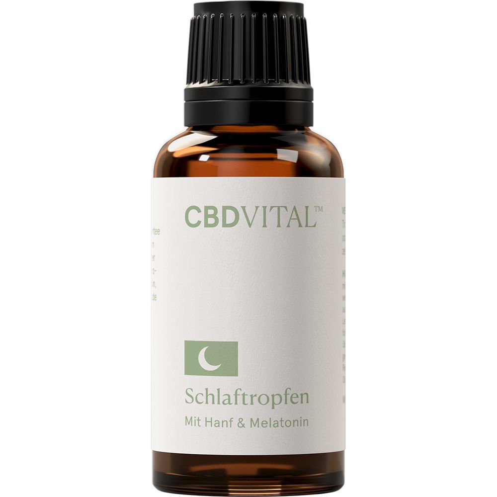 Braune Glasflasche mit schwarzem Deckel. Enthält Schlaftropfen mit Hanf und Melatonin. CBD Vital Logo und Produktbezeichnung.