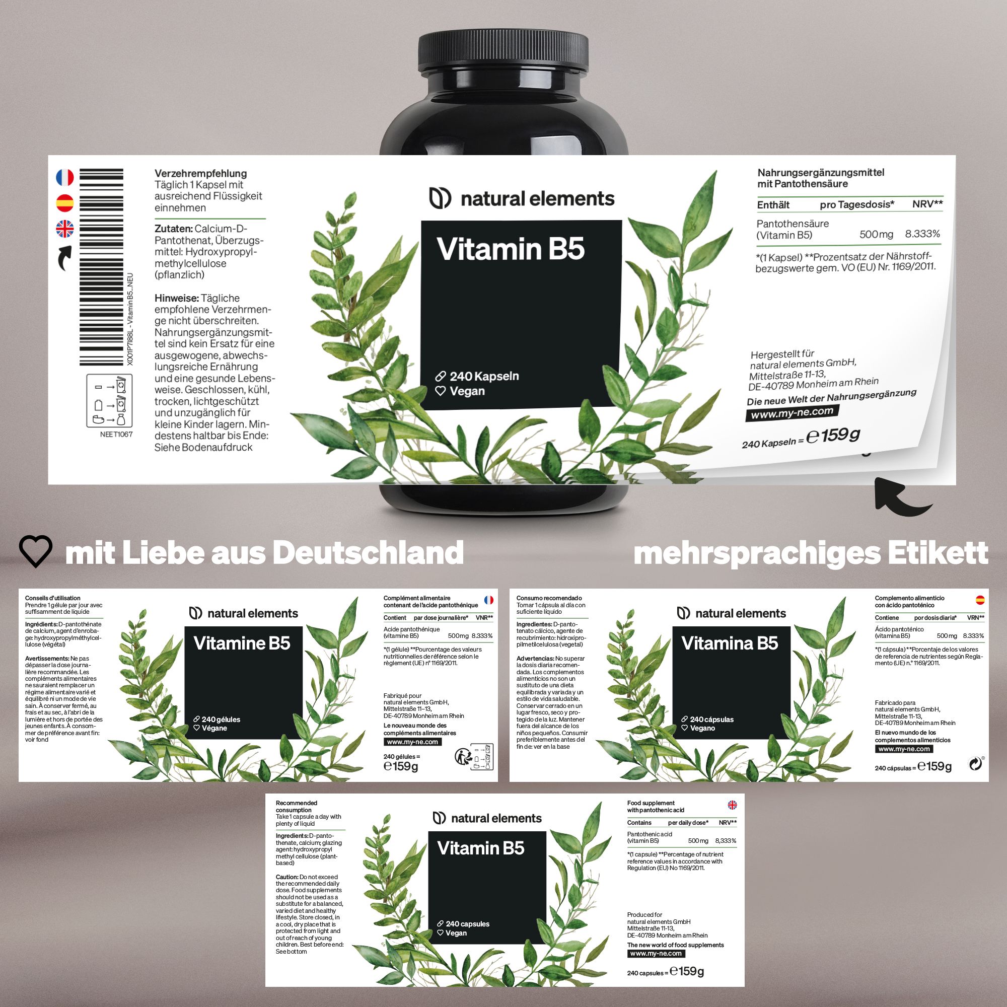 Produktetikett mit mehrsprachigen Informationen. Enthält Angaben zu Inhaltsstoffen und Nährwerten. Flasche mit Vitamin B5 im Hintergrund.