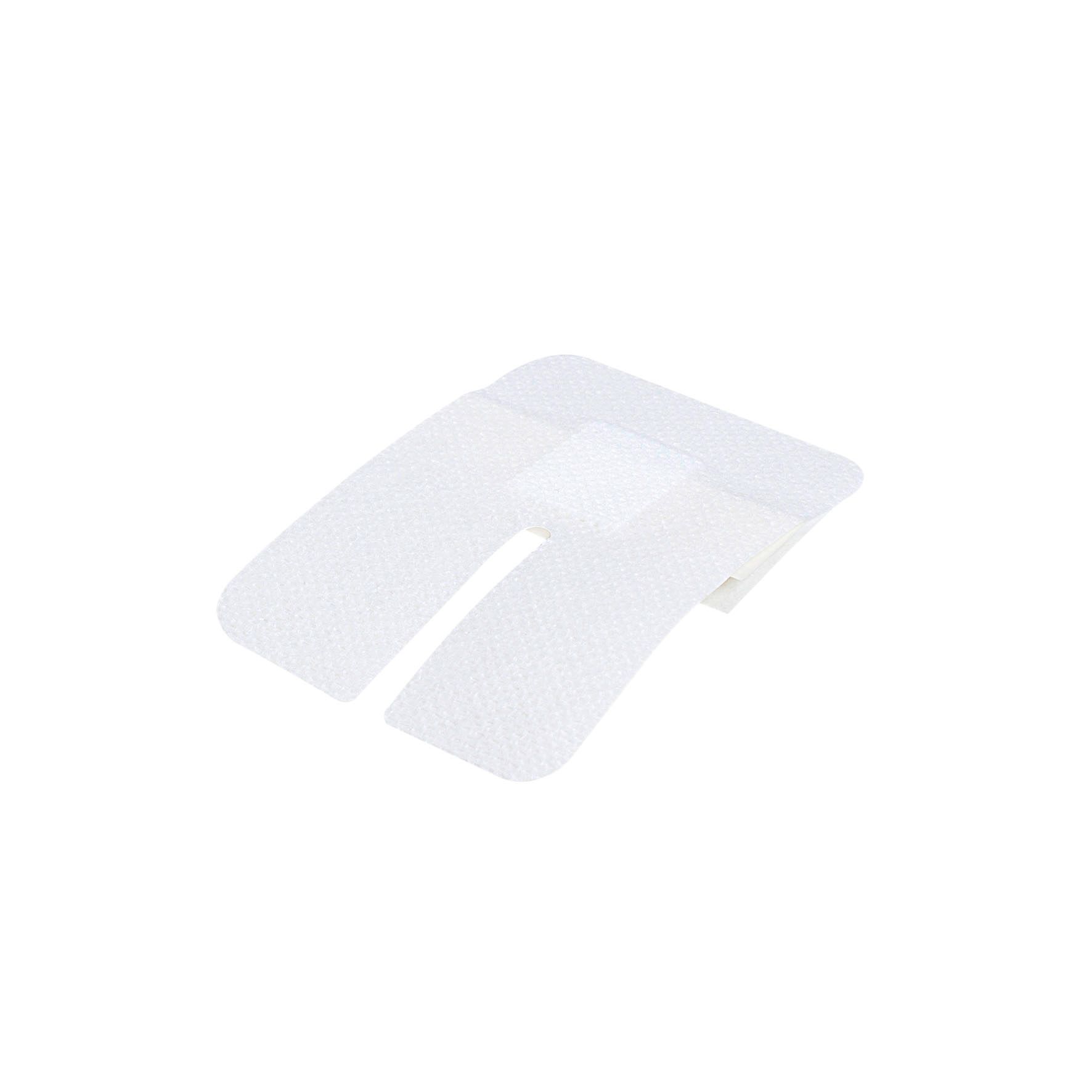 Weißes Kanülenfixierpflaster mit rechteckigem Mittelteil und zwei seitlichen, gebogenen Flügeln. Material mit feiner Struktur.