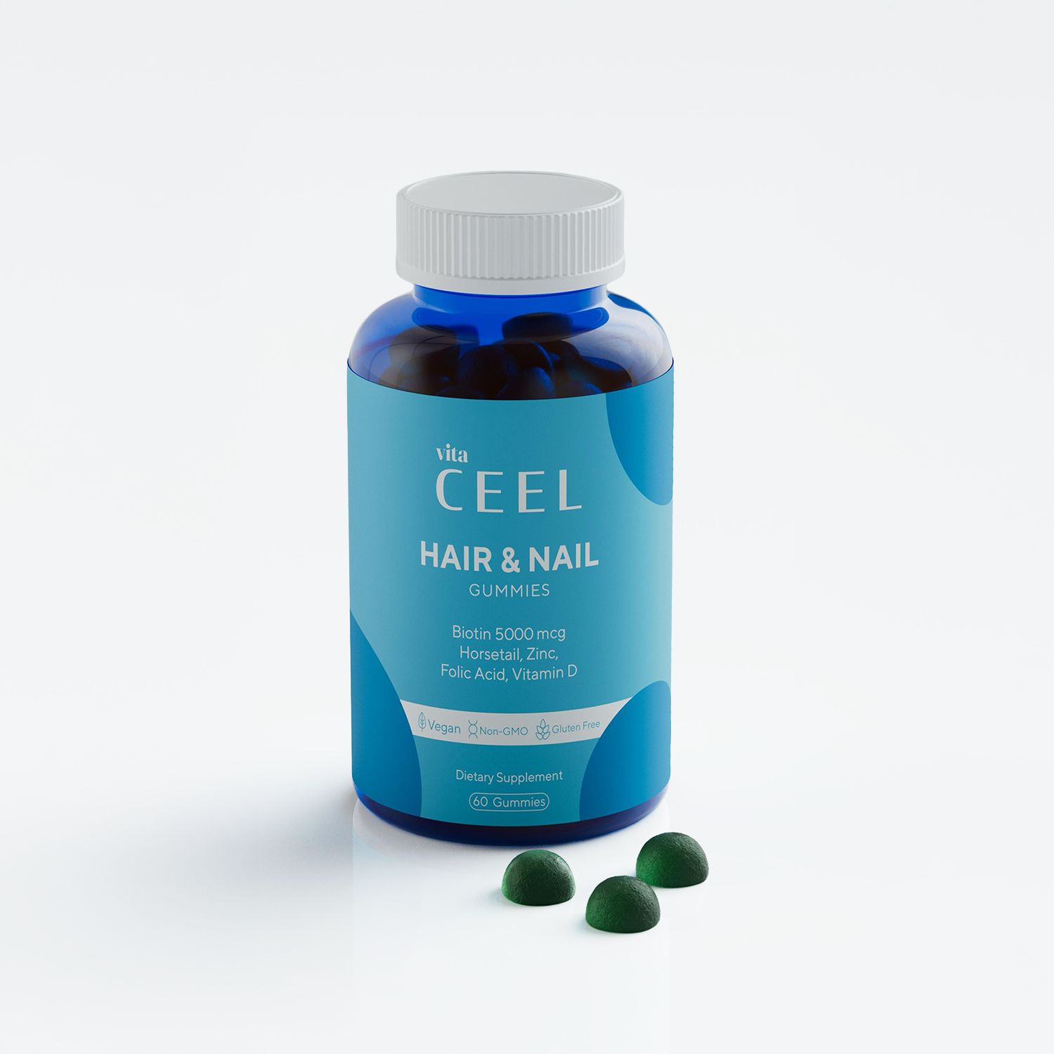 VİTA CEEL Hair & Nail Gummies Flasche mit drei grünen Gummis auf weißem Hintergrund.