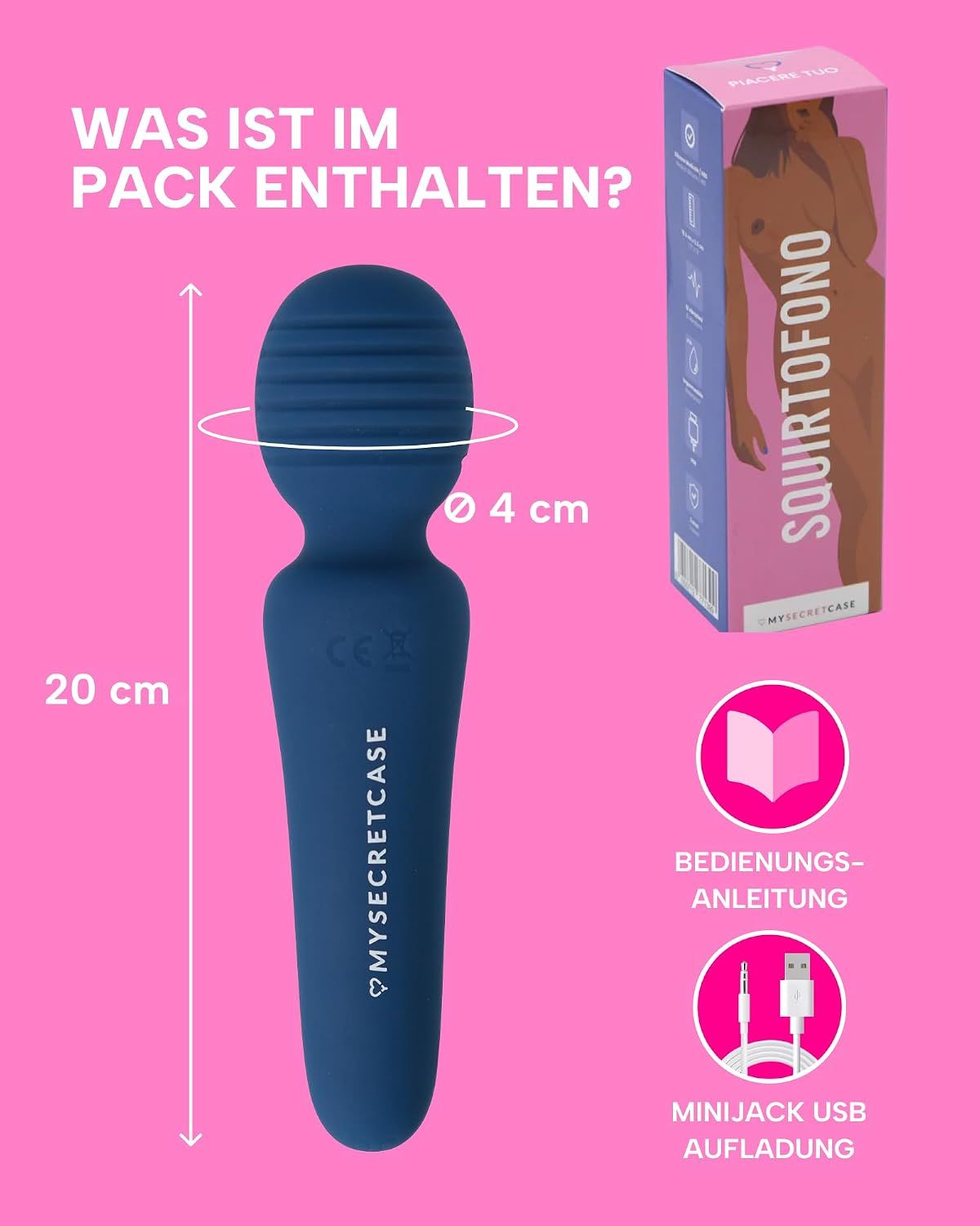 Dunkelblauer Vibrator, 20 cm lang, 4 cm Durchmesser. Inklusive Ladekabel und Anleitung.