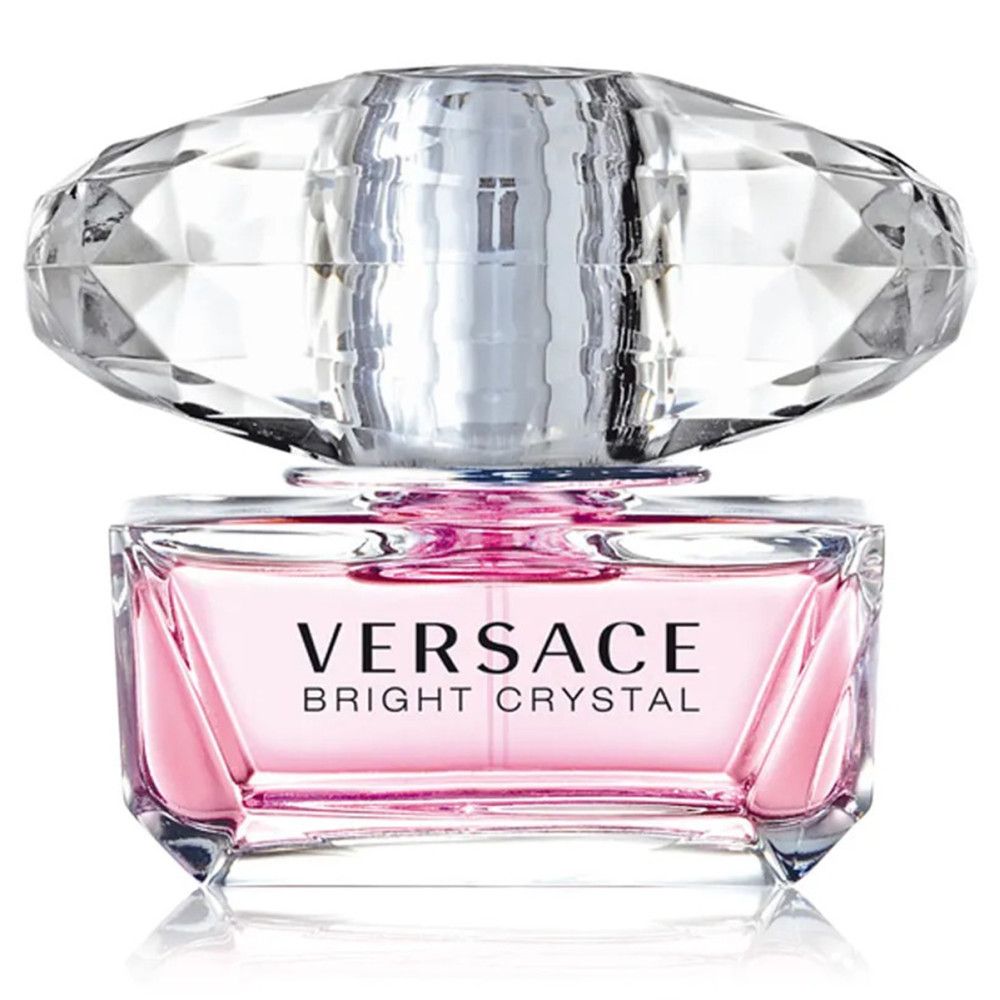 Rosa Flakon mit Kristallverschluss. Aufschrift: Versace Bright Crystal.