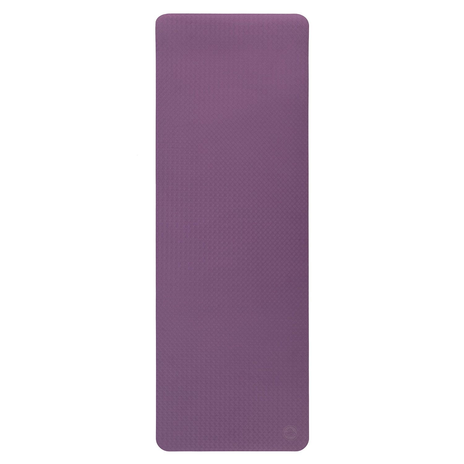 Ausgerollte, rechteckige Yogamatte. Violett mit geprägter Oberfläche. Kleines Logo unten rechts.