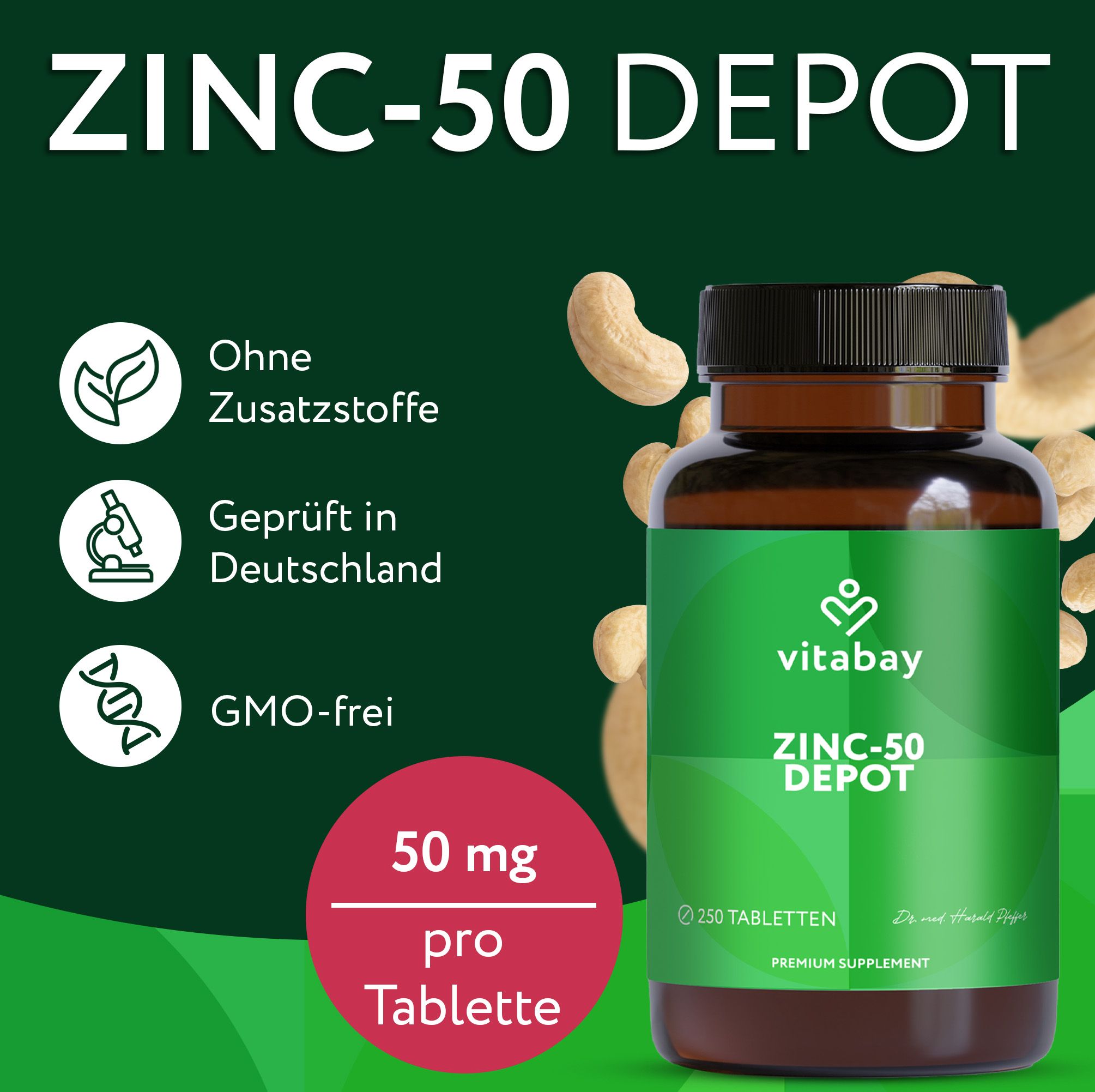 Braune Flasche mit grünem Etikett. Aufschrift: Vitabay ZINC-50 DEPOT, 250 Tabletten, 50 mg pro Tablette. Cashewnüsse.