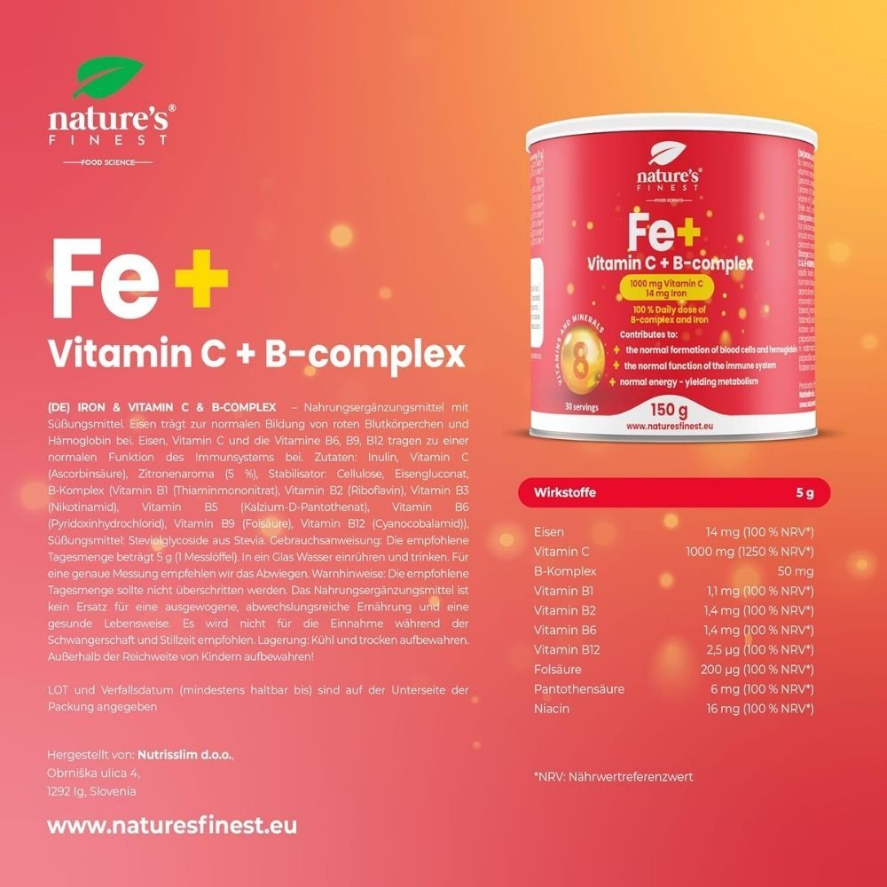 Nature's Finest Dose mit Eisen, Vitamin C, B-Komplex. 150g. Enthält Eisen, Vitamin C, alle 8 B-Vitamine.