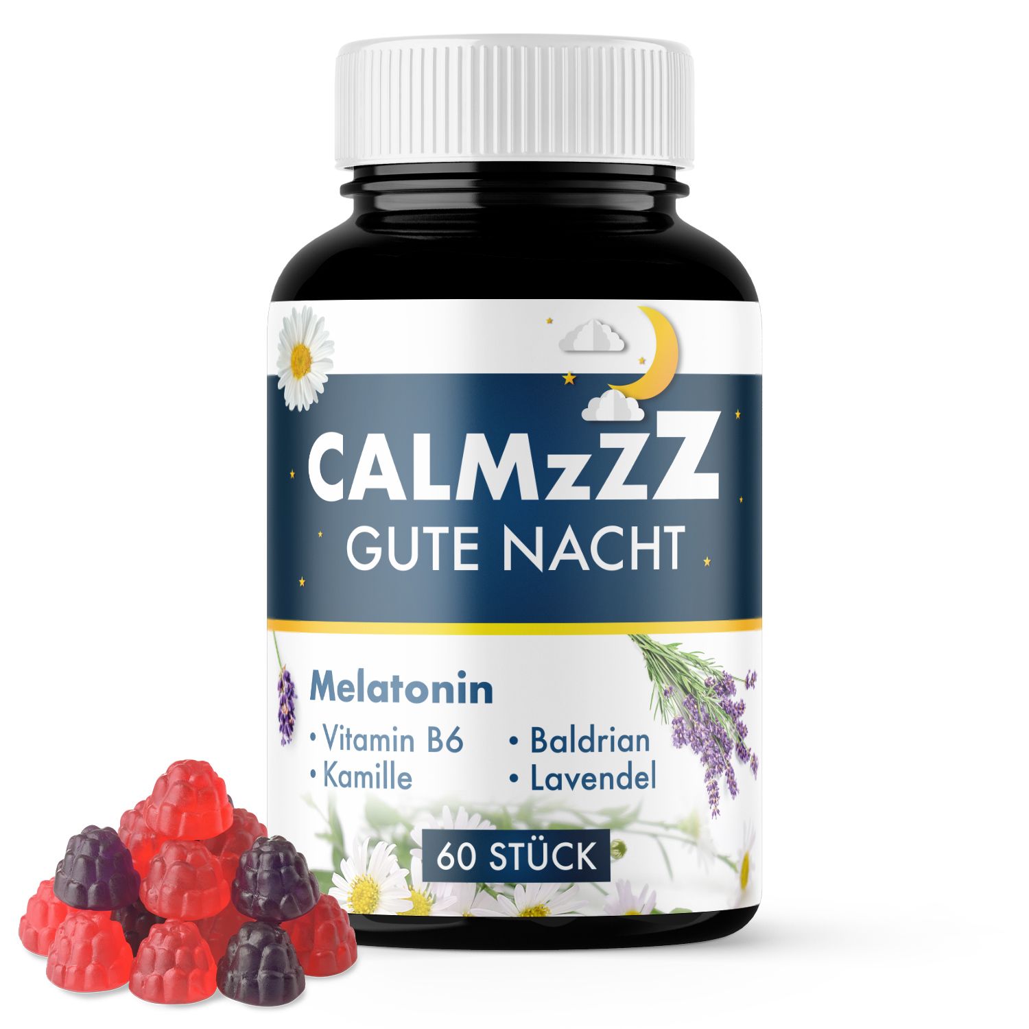 Flasche mit weißen Deckel und Etikett. CALMzzz GUTE NACHT, Melatonin, Vitamin B6, Kamille, Baldrian, Lavendel. 60 Stück. Gummibärchen.