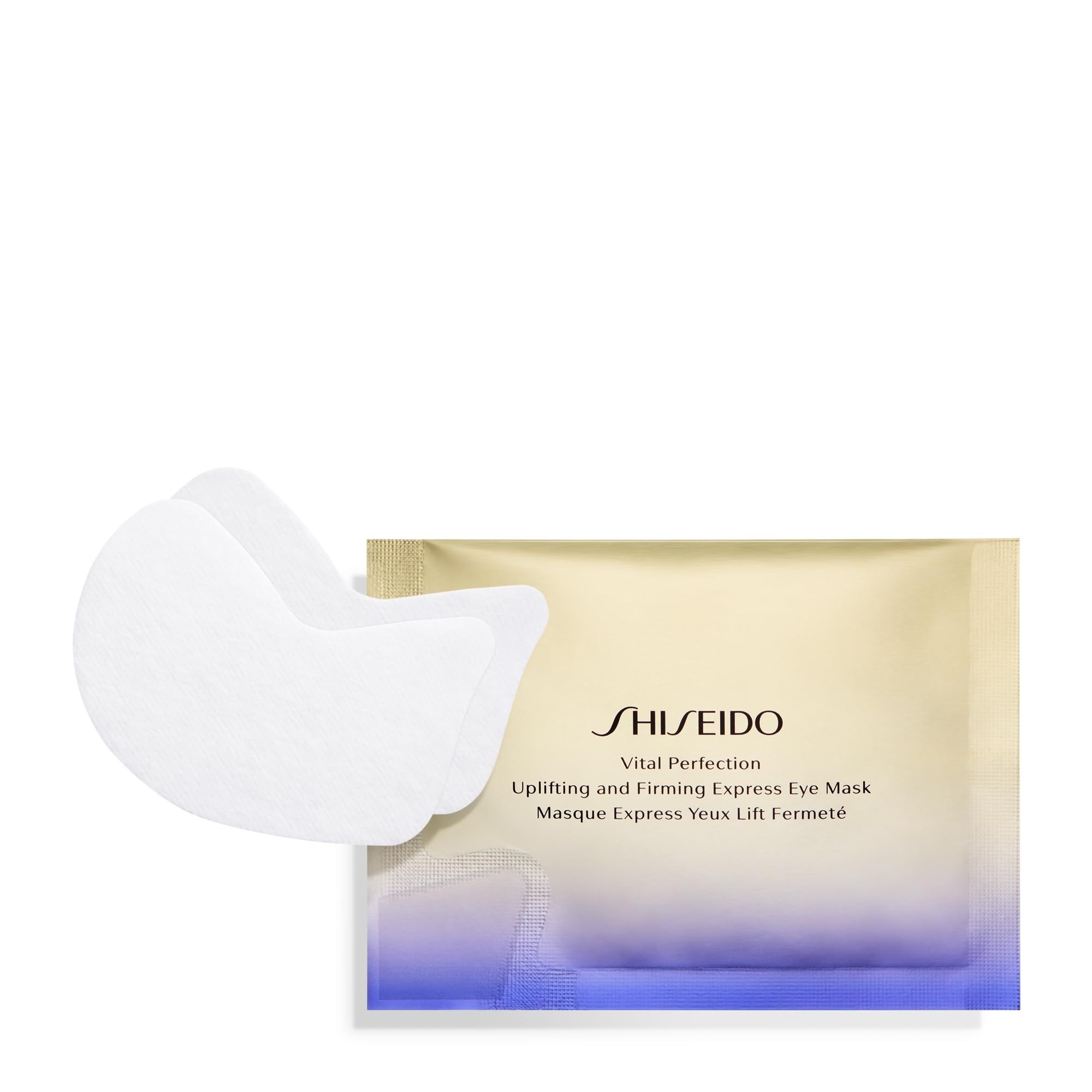 SHISEIDO Vital Perfection Augenmasken und Verpackung. Zwei Augenmasken neben der Einzelverpackung. Farbverlauf von Gold zu Lila.
