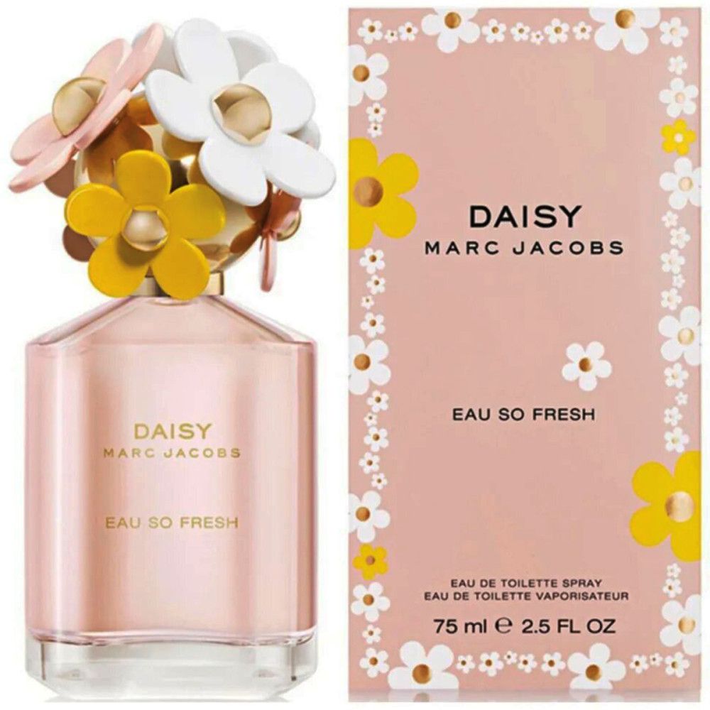 Parfümflakon und Verpackung. Flakon mit bunten Blüten. Verpackung mit Schriftzug "DAISY MARC JACOBS EAU SO FRESH".