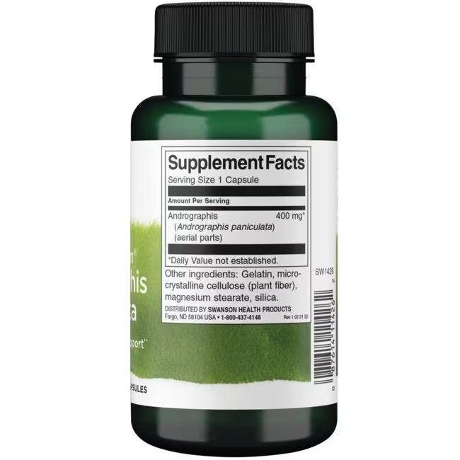 Rückseite einer grünen Flasche. Etikett mit Nährwertangaben, "Andrographis Paniculata" und Inhaltsstoffen. Schwarzer Deckel.