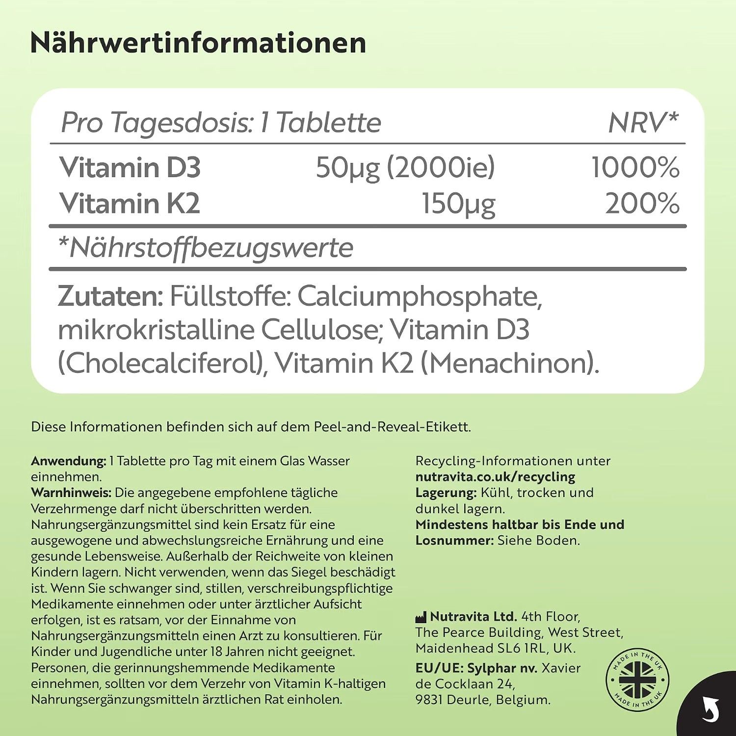 Nährwertinformationen für Vitamin D3 und K2 Tabletten.