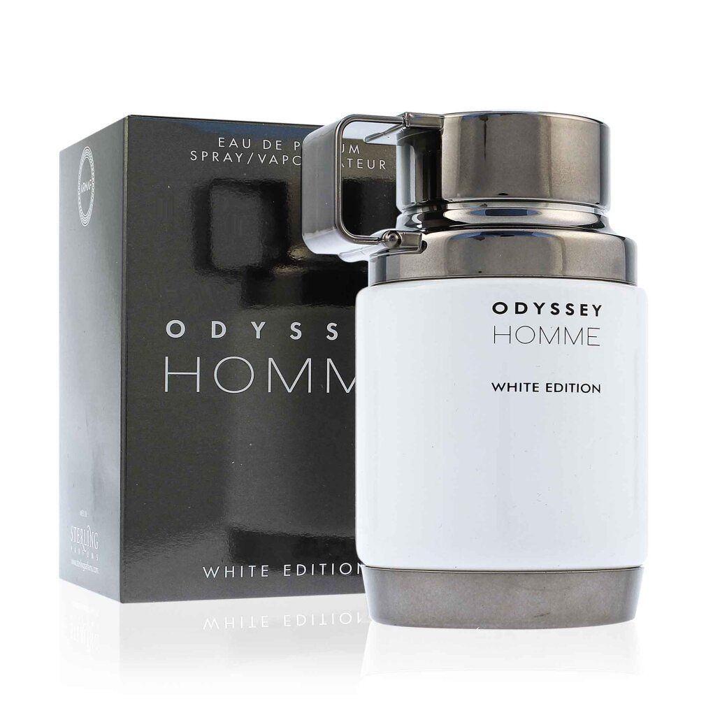 Weißer Flakon mit schwarzem Deckel und Griff, neben einer schwarzen Schachtel. Aufschrift: ODYSSEY HOMME WHITE EDITION.