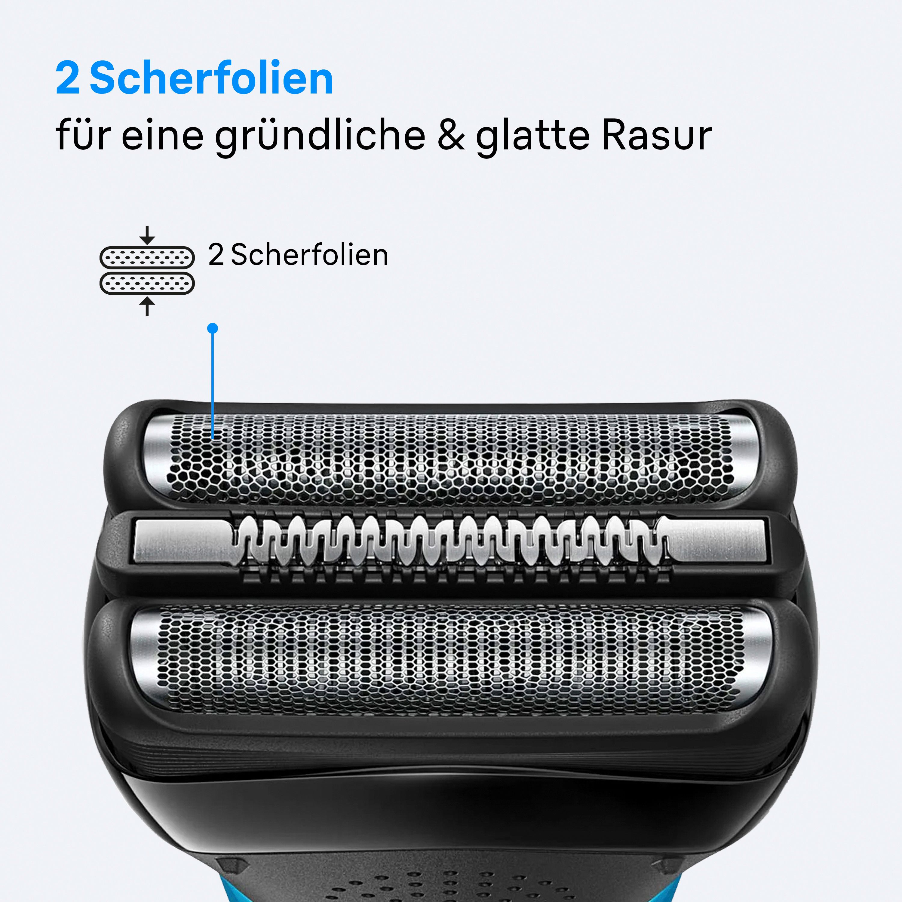 Nahaufnahme des Scherkopfes des Braun Series 3 mit zwei Scherklingen.