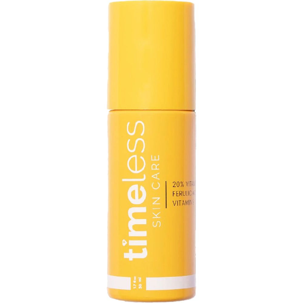 Gelbe Flasche mit weißem Etikett. Aufschrift: timeless skin care. Enthält 20% Vitamin C, Ferulic Acid, Vitamin E. Mit Sprühkopf.