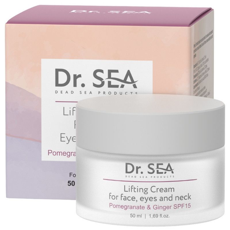 Creme-Tiegel mit Deckel und Verpackung. Aufschrift: Dr. SEA, Lifting Cream, Granatapfel & Ingwer, SPF15.