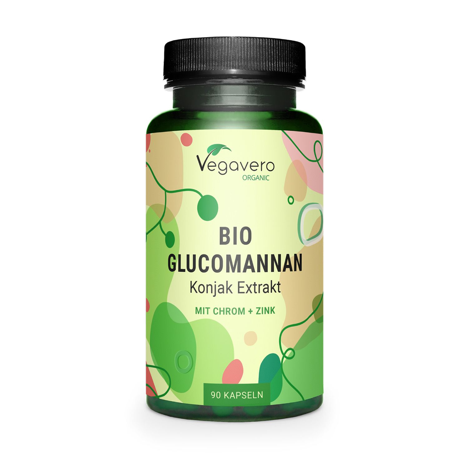 Grüne Flasche mit schwarzen Deckel. Aufschrift: BIO Glucomannan Konjak Extrakt, mit Chrom + Zink. 90 Kapseln. Vegavaro Organic.
