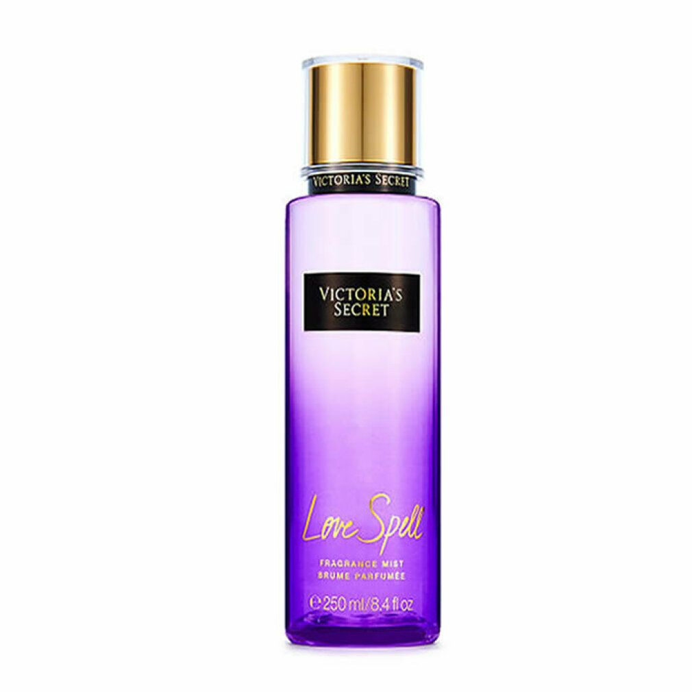 Körperspray mit goldfarbenem Deckel. Auf dem Etikett steht "Victoria's Secret Love Spell".