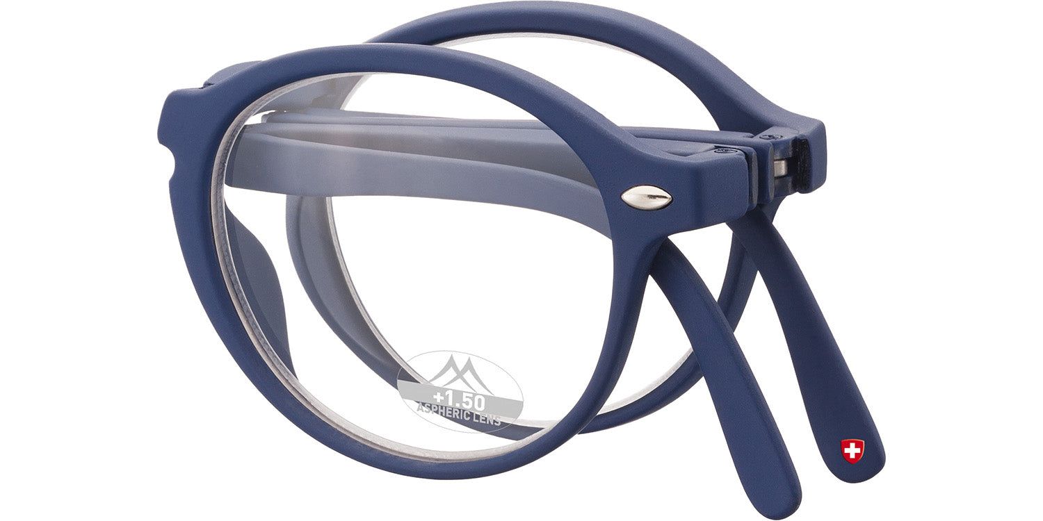 Zusammengeklappte blaue Lesebrille. Schweizer Kreuz am Bügel. Montana Eyewear Logo und Stärke +1.50.