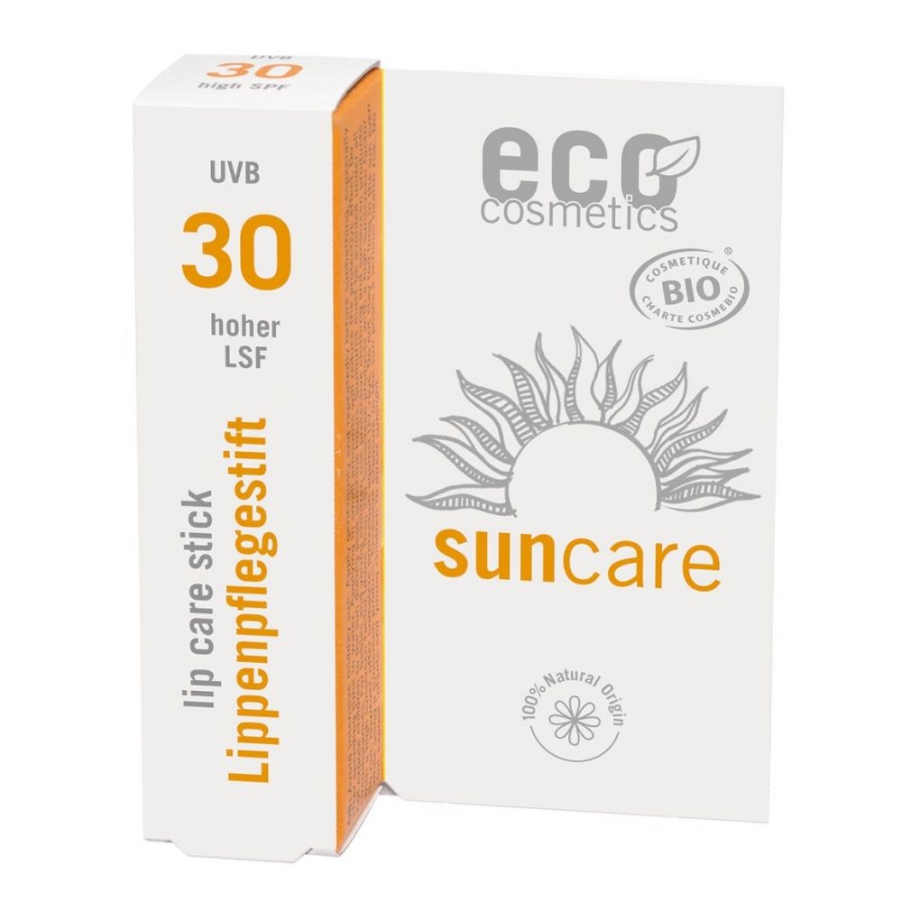 Verpackung von eco cosmetics Lipcare LSF30. Weißer Karton mit orangefarbenen Akzenten. Aufdruck: "30 hoher LSF", "suncare", Logo und Bio-Siegel.