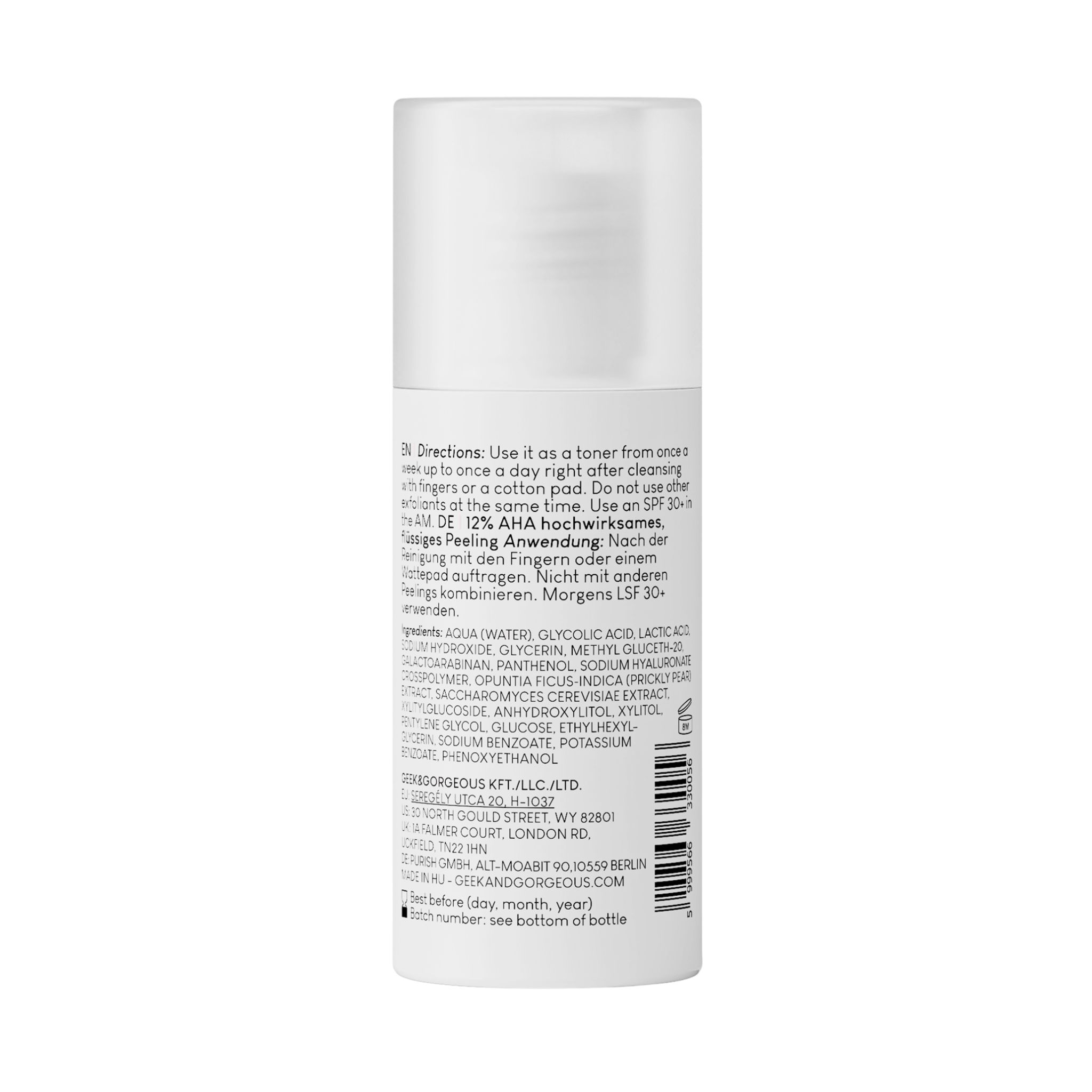 Rückseite einer weißen Flasche. Text: Inhaltsstoffe, Anwendungshinweise, Herstelleradresse, Chargennummer, Haltbarkeit.