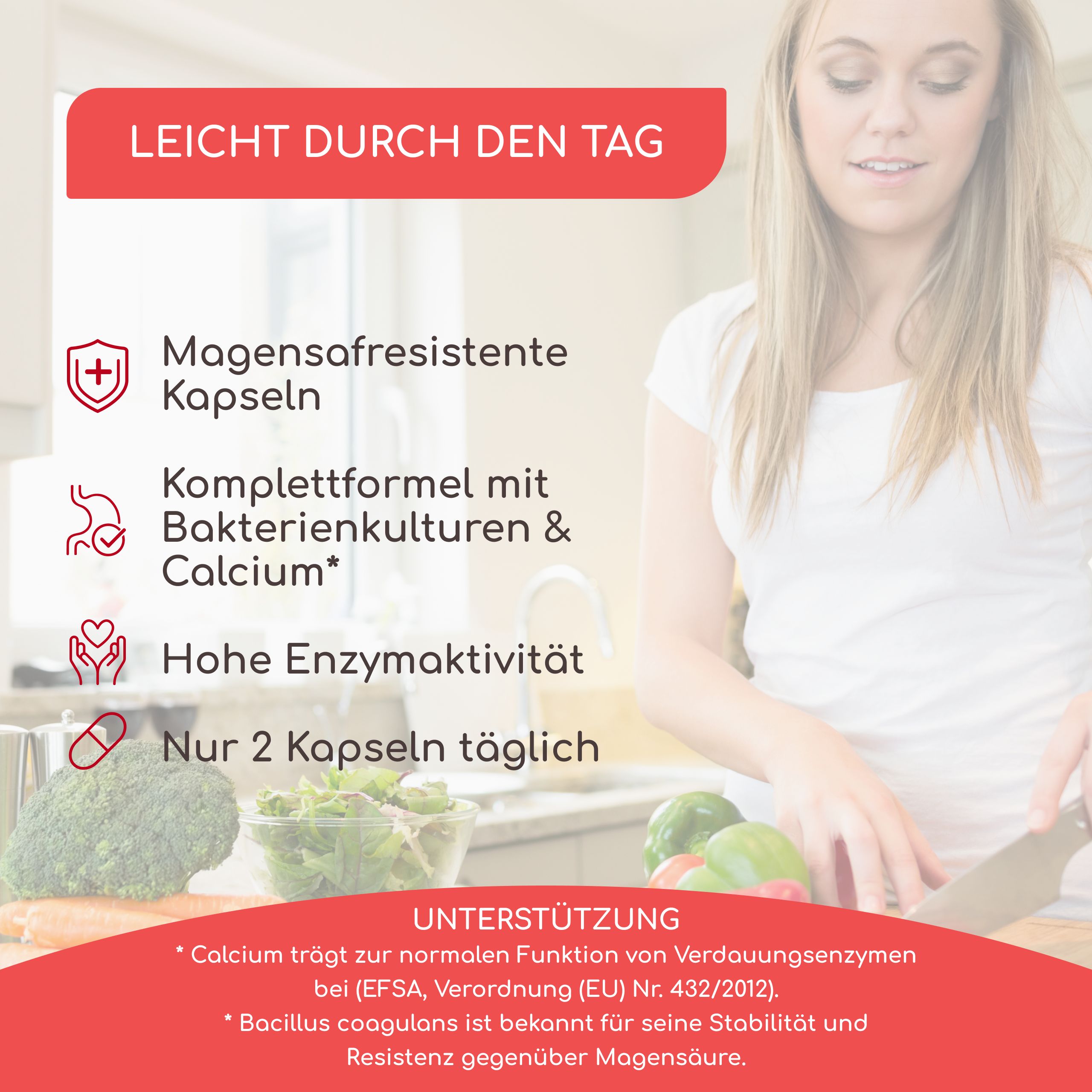 Frau in Küche. Informationen zu Enzym Komplex. Magenresistente Kapseln.