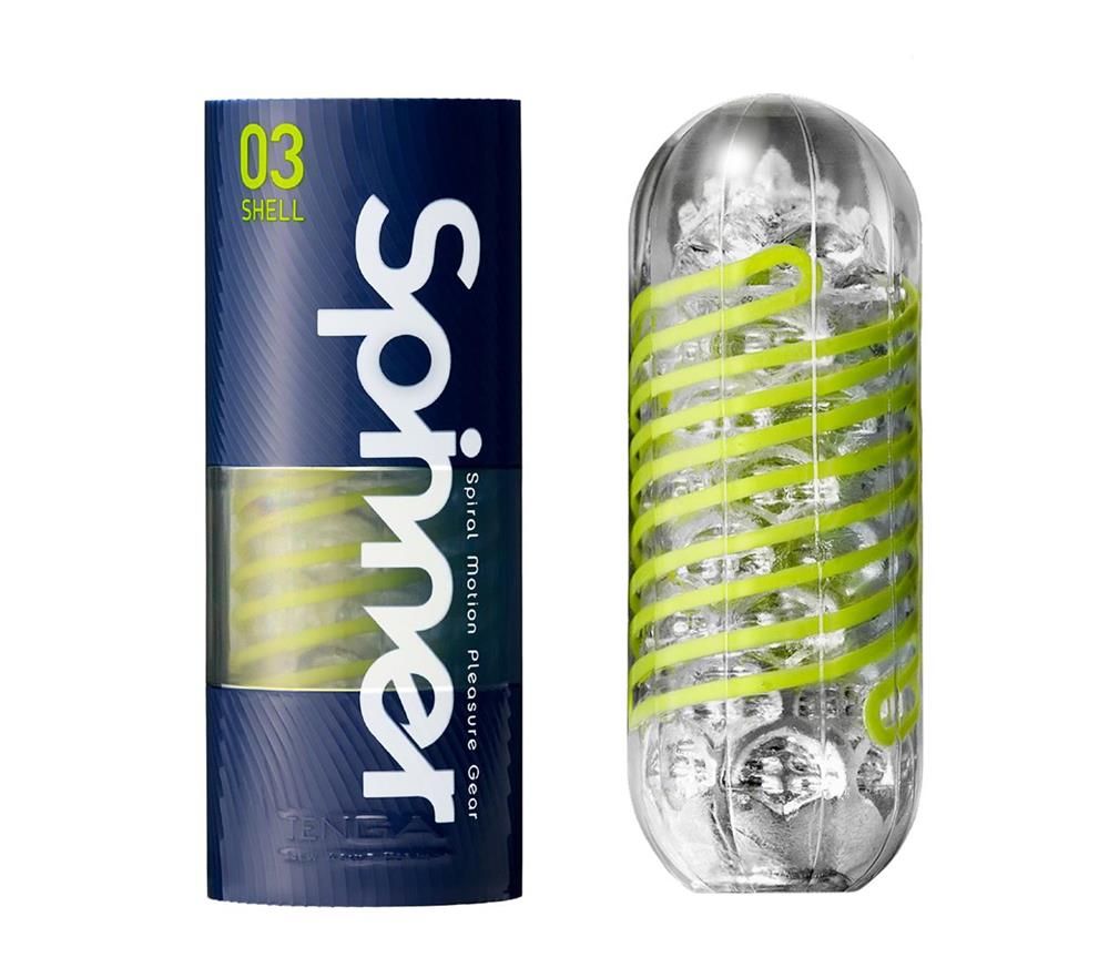 Zylindrische Verpackung und Produkt. Verpackung: blau mit weißem Text. Produkt: transparent mit gelben Spiralen.