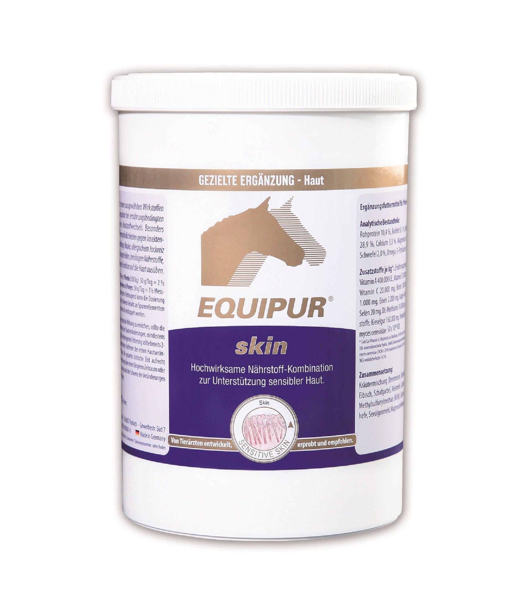 EQUIPUR skin Ergänzungsfuttermittel für Pferde zur Unterstützung sensibler Haut.