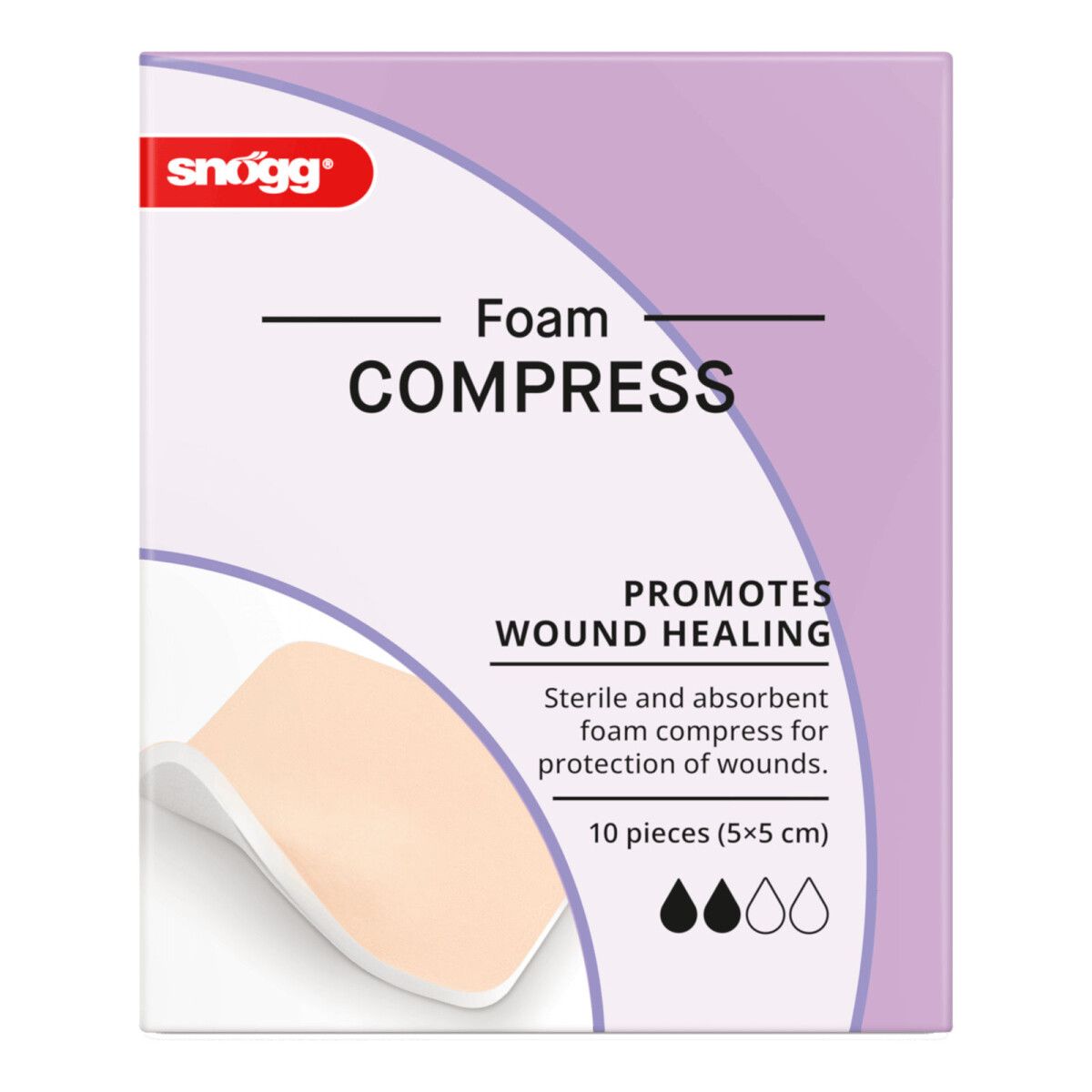 Verpackung Snögg Foam Compress, 10 Stück (5x5 cm). Sterile und absorbierende Schaumkompressen zur Wundheilung.