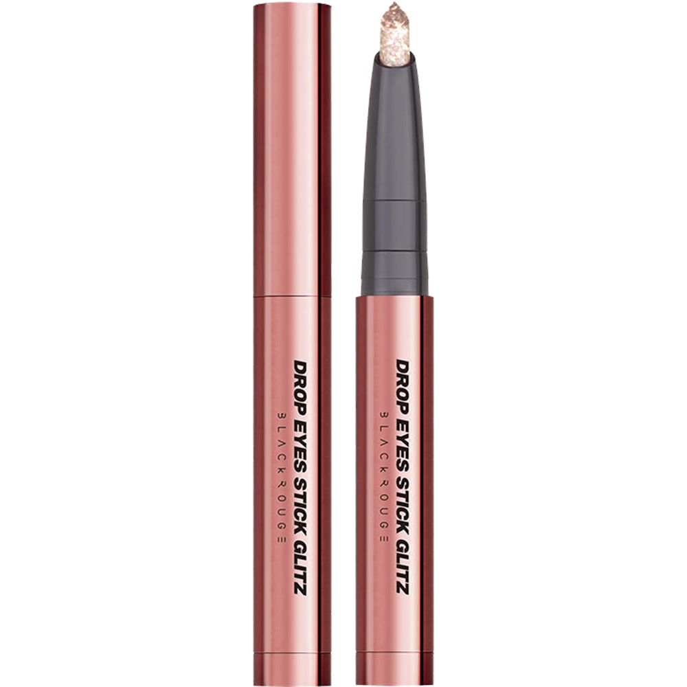 Lidschattenstift, rosa-goldfarbenes Gehäuse, schwarze Spitze. Text: DROP EYES STICK GLITZ, BLACK ROUGE. Geöffnet und geschlossen.