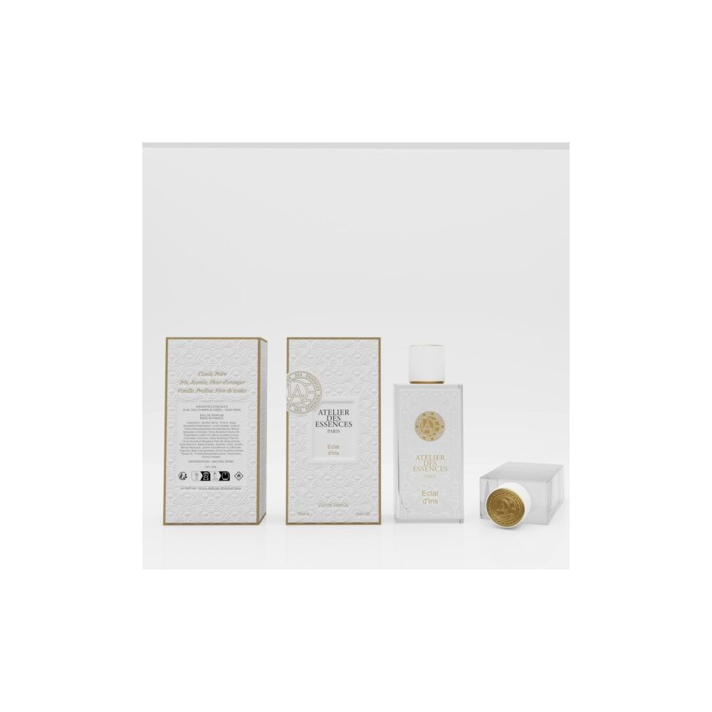 Parfümflakon und Verpackung. Flakon mit weißem Etikett, goldfarbenem Deckel. Verpackung mit Logo und Text.