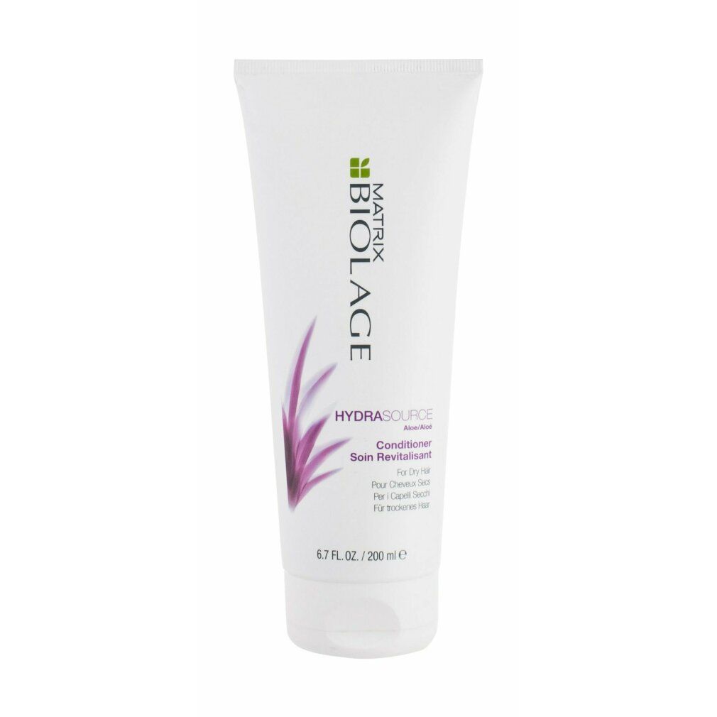 Weiße Tube mit MATRIX BIOLAGE HydraSource Conditioner. Text in Englisch, Französisch, und Deutsch. 6.7 FL. OZ. / 200 ml.