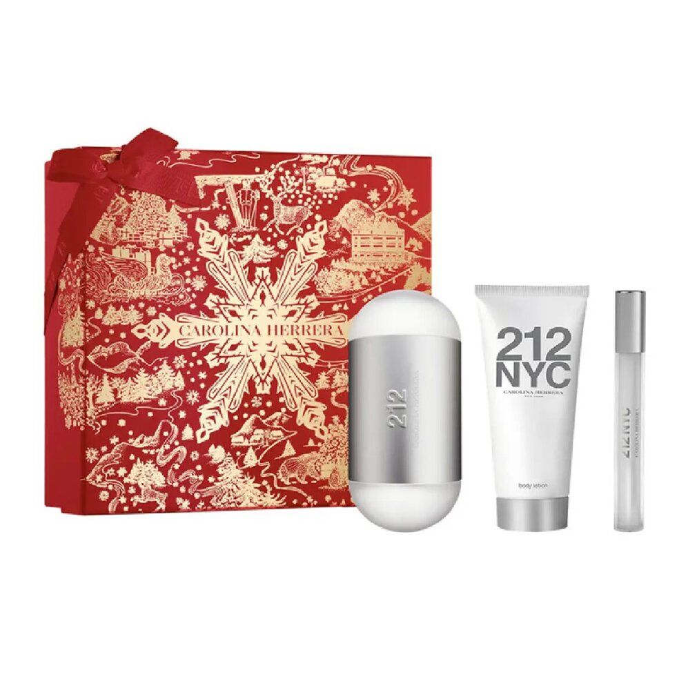Geschenkset mit drei Produkten. Enthält eine silberne Flasche, eine Tube und eine kleine Flasche. Rote Box mit CAROLINA HERRERA.