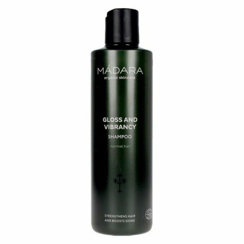Grüne Shampoo-Flasche mit schwarzem Deckel. Aufschrift: MÁDARA, Gloss and Vibrancy Shampoo, für normales Haar. Mit Logo.