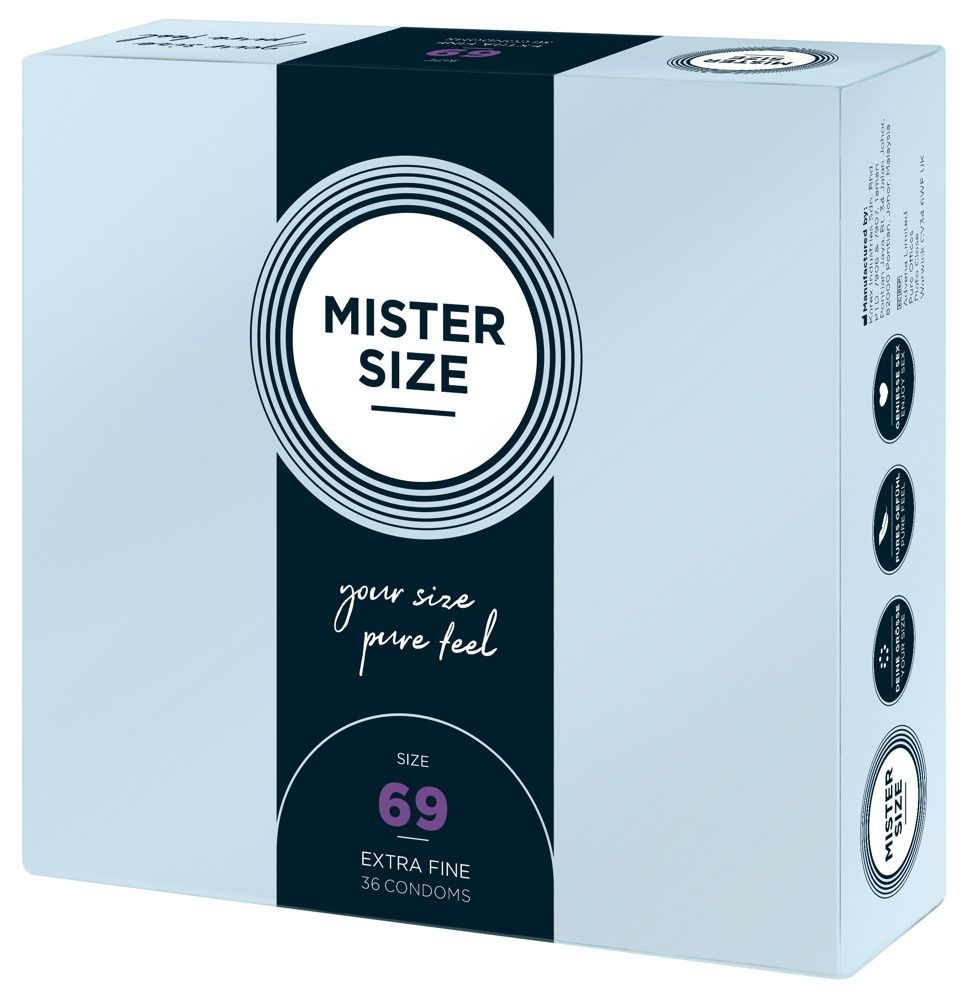 Rückseite der Verpackung von MISTER SIZE 69. Text in mehreren Sprachen. Enthält Informationen und Logos.