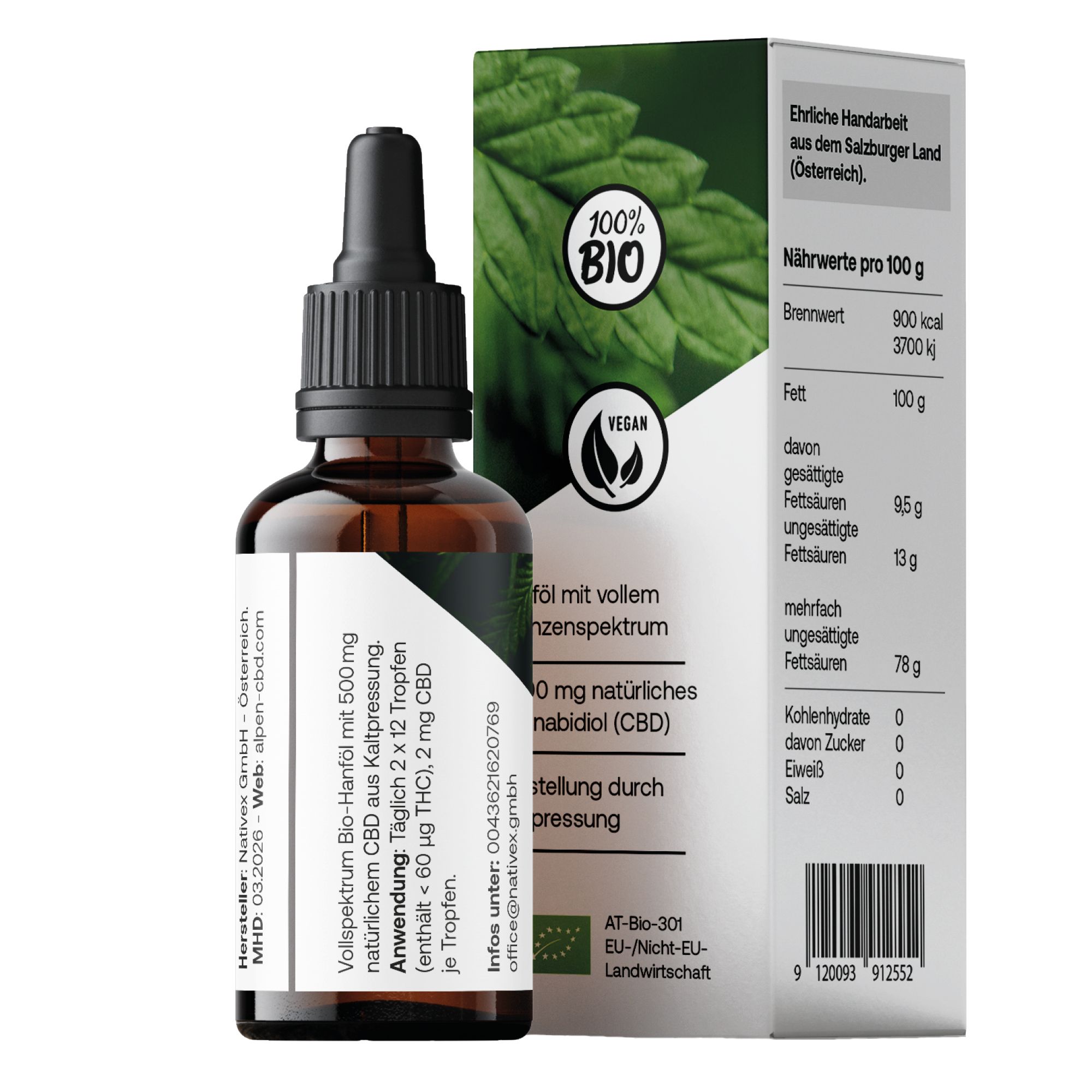 Braune Glasflasche mit Tropfer und Etikett. Daneben eine Verpackung mit Text und Nährwertangaben. 100% Bio-Siegel.