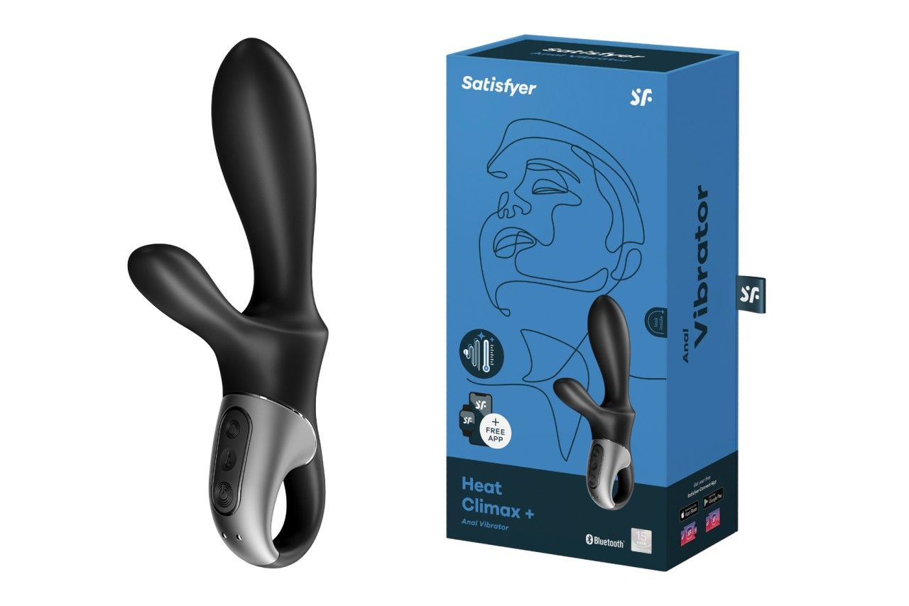 Analvibrator mit App und Verpackung. Schwarz-silberfarbenes Design. Produktname: Heat Climax+. Verpackung mit Gesichtskontur und Produktinformationen.