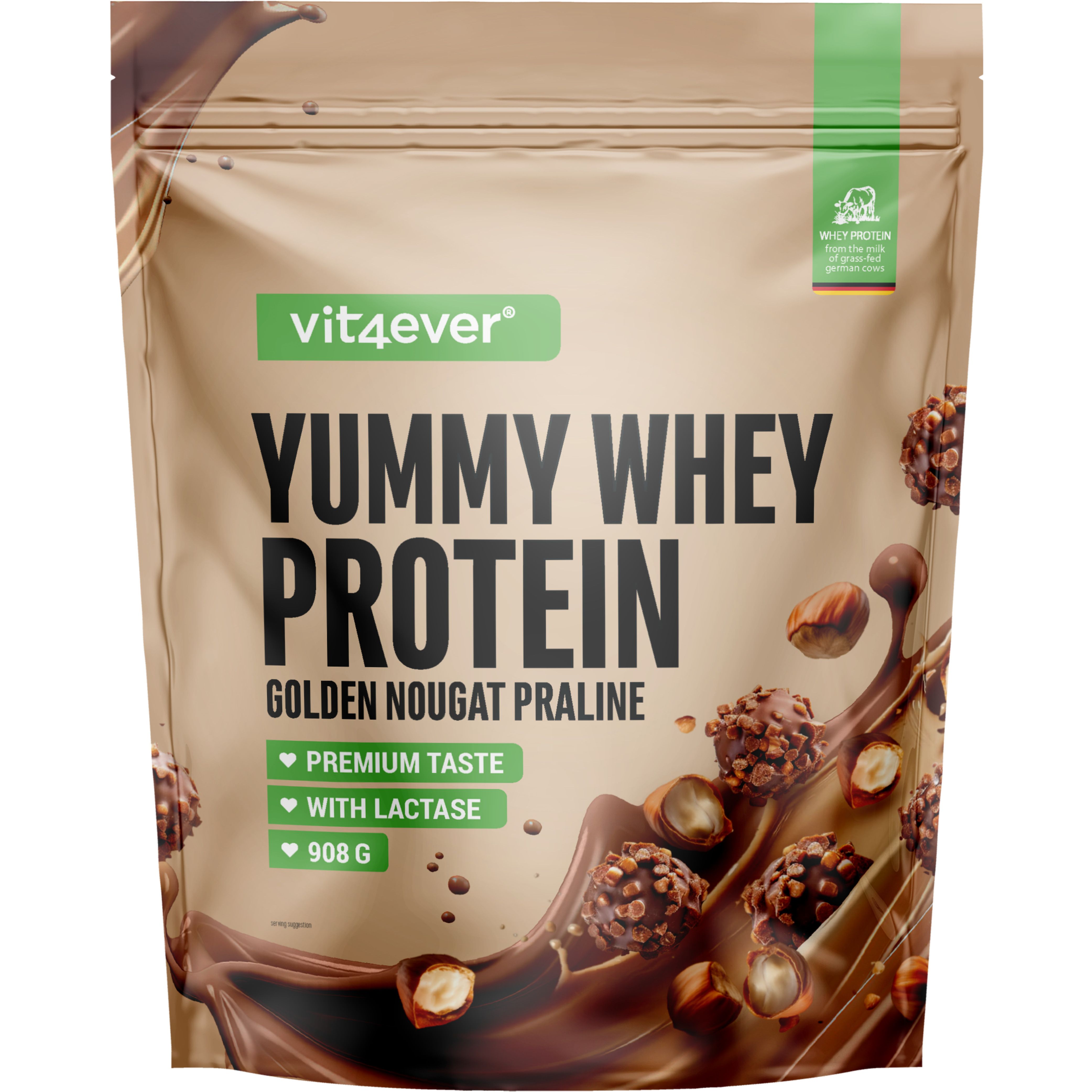 Beutel mit "Yummy Whey Protein" von vit4ever. Aufschrift: "Golden Nougat Praline". Grün-weiße Akzente. 908g.