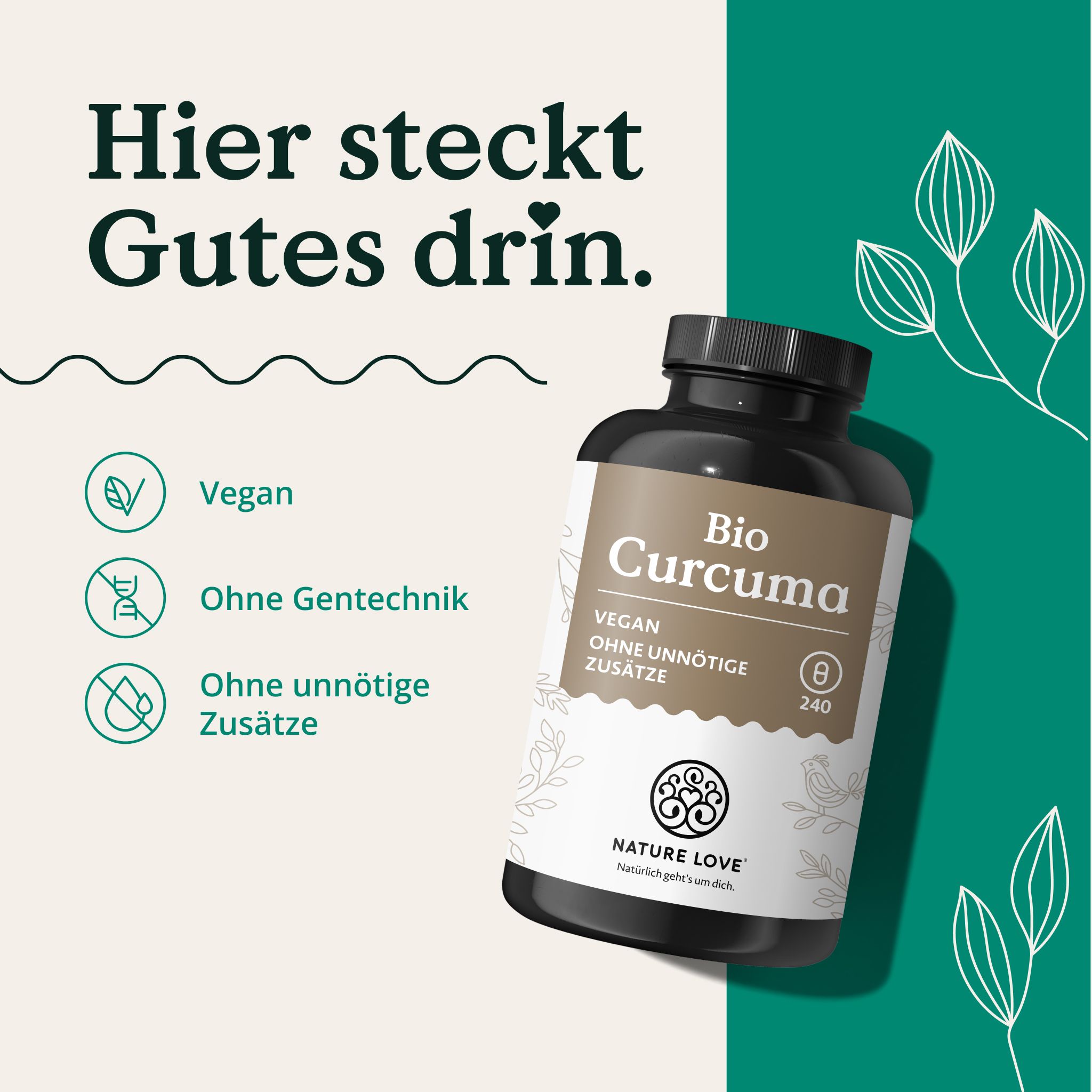 NATURE LOVE Bio Curcuma: Vegan, ohne Gentechnik, ohne unnötige Zusätze. 240 Kapseln.