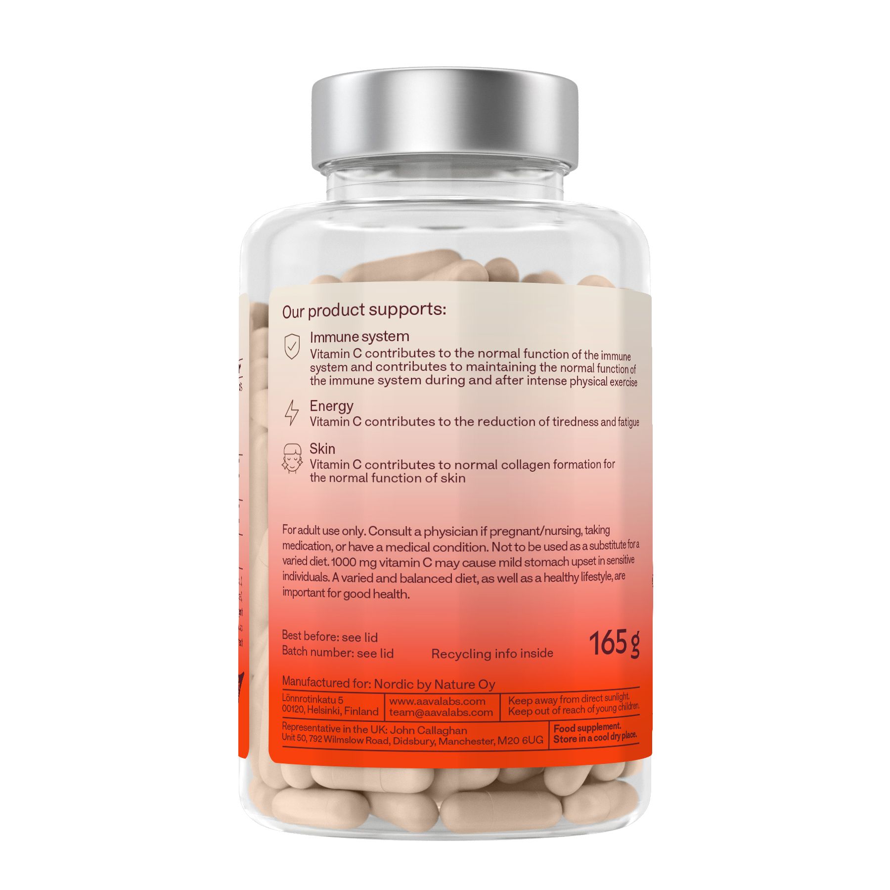 Rückseite der Flasche mit Produktinformationen. Unterstützt Immunsystem, Energie und Haut. 165 g.