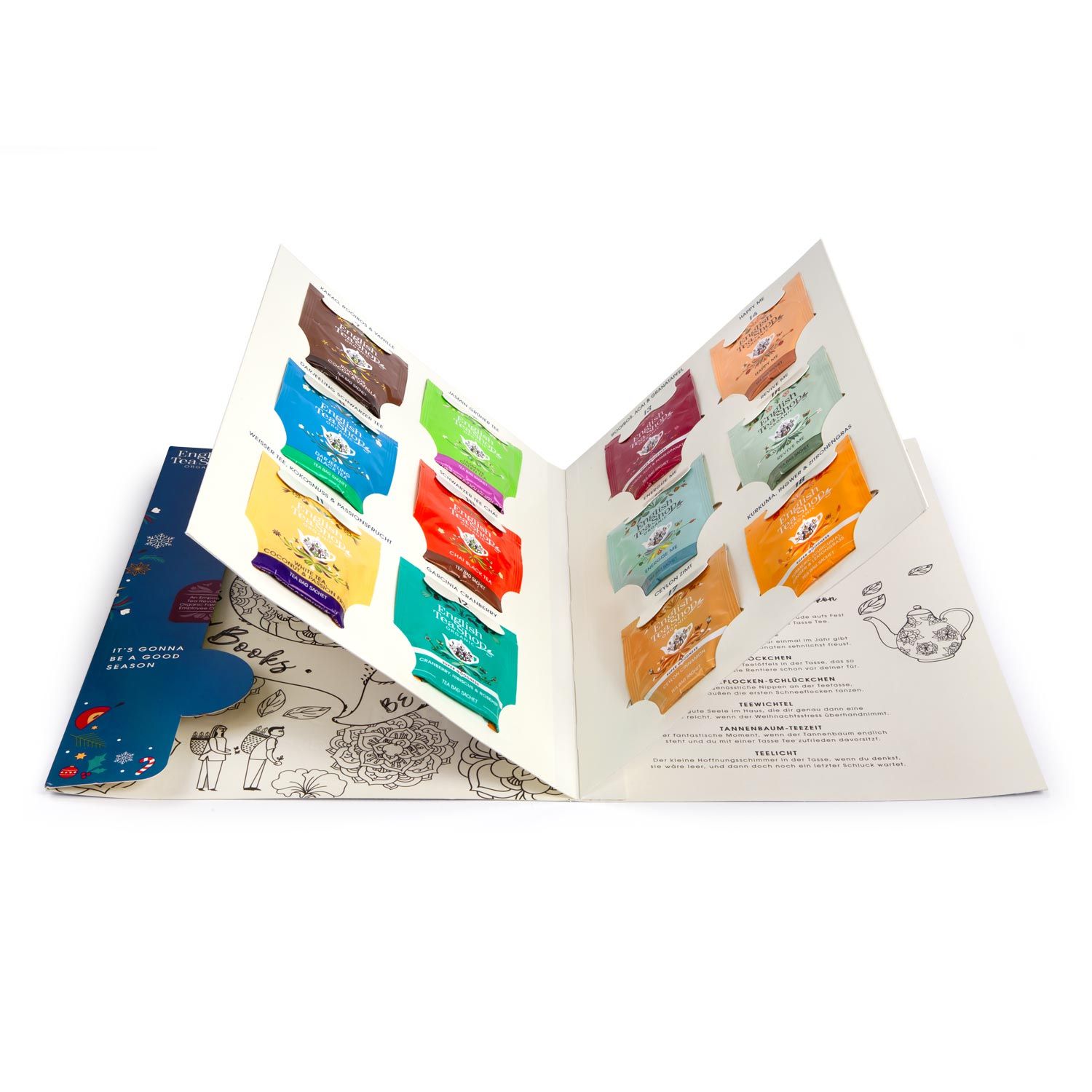 Adventskalender geöffnet mit Teebeuteln. Verschiedene Teebeutel in bunten Farben. Aufschrift: It's gonna be a good season.