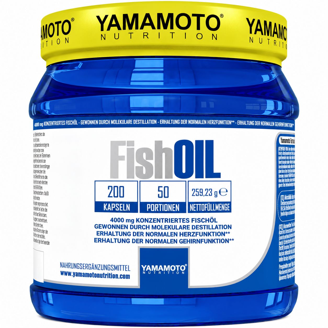 Flasche mit Yamamoto Nutrition Fish Oil Kapseln, 200 Kapseln, 50 Portionen.