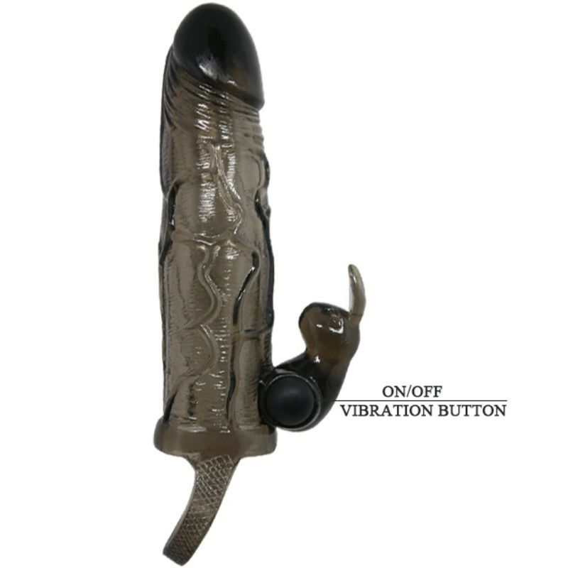 Penishülle mit Rabbit-Vibrator, transparent-schwarz. Mit Vibrationsfunktion und Ring. Beschriftung: ON/OFF VIBRATION BUTTON.