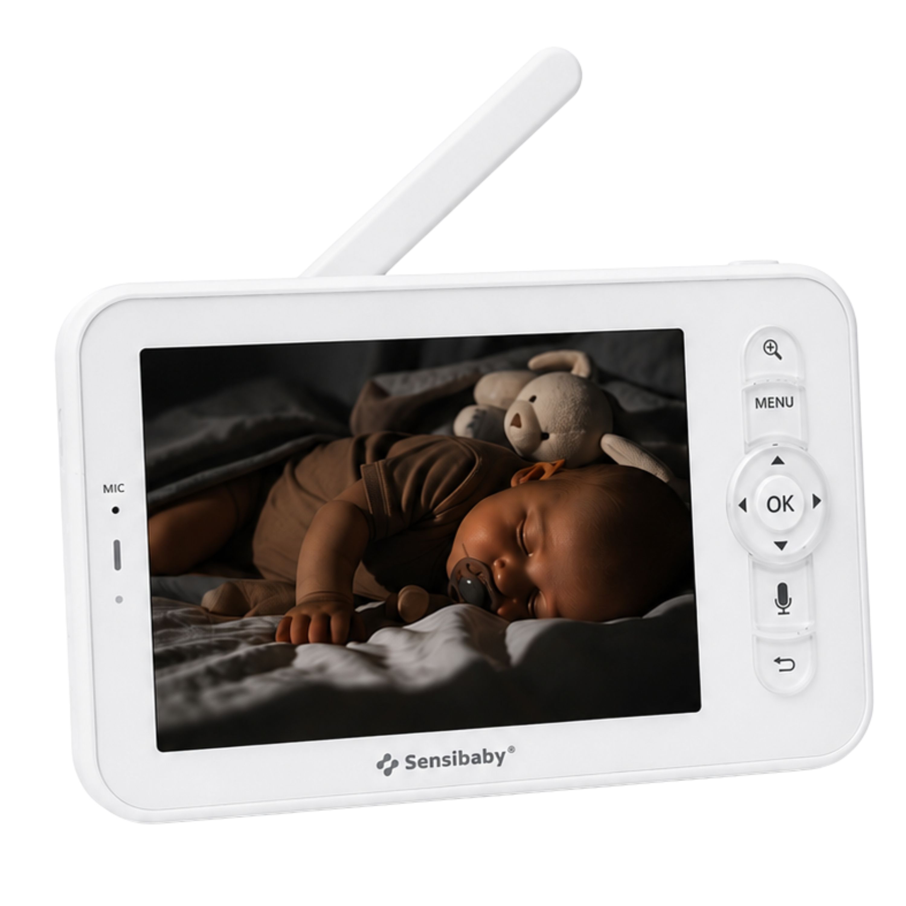 5-Zoll-Monitor eines Babyphones mit Kamera. Zeigt schlafendes Baby mit Teddy. Weiße Vorderseite.