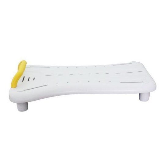 Weißes Badewannenbrett mit gelbem Griff. Rechteckige Form, Löcher und Schlitze, vier Füße.