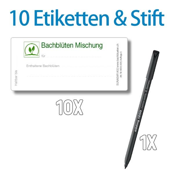 10 Etiketten und ein schwarzer Stift. Etiketten mit grünem Logo und Text. Text: Bachblüten Mischung.