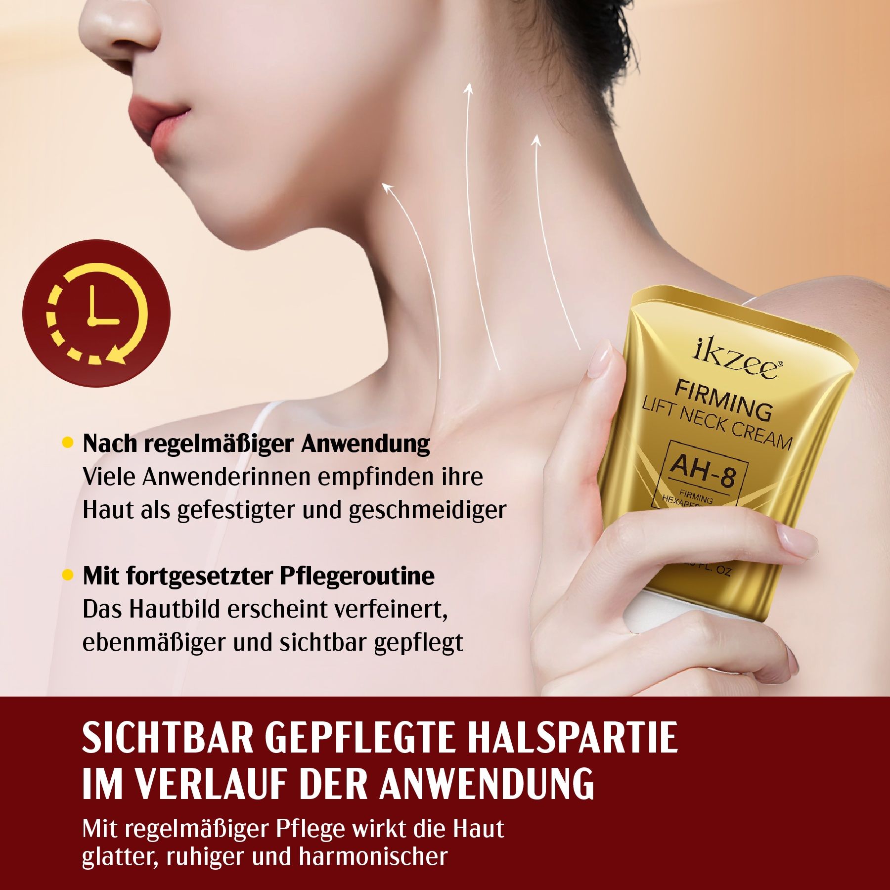 Hand hält Tube. Text: ikzee, Firming Lift Neck Cream AH-8. Nach regelmäßiger Anwendung, Haut wirkt fester und geschmeidiger.