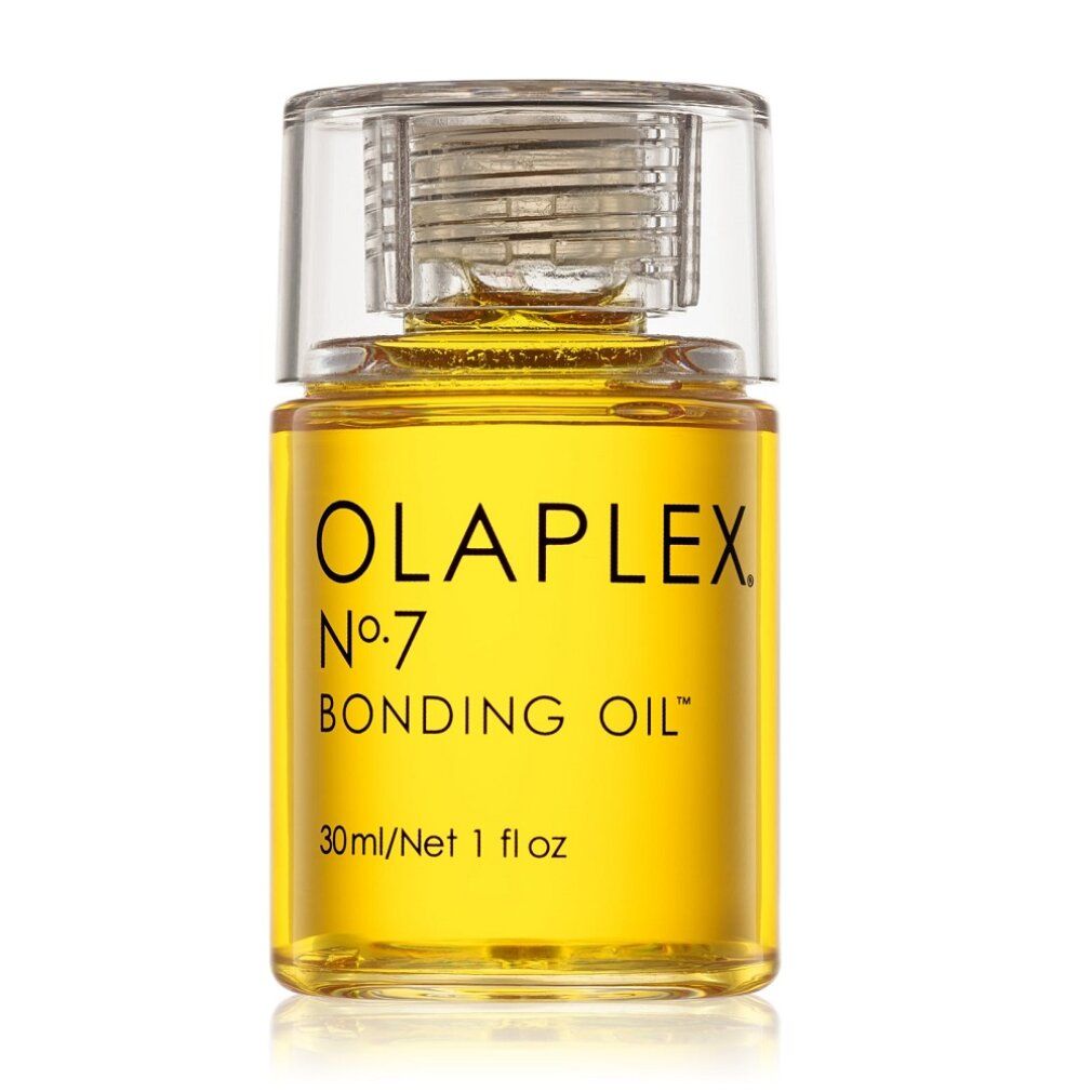 Olaplex Nr. 7 Bonding Oil. Transparente Flasche mit gelbem Öl. Klarer Deckel. Volumenangabe: 30ml/1 fl oz.