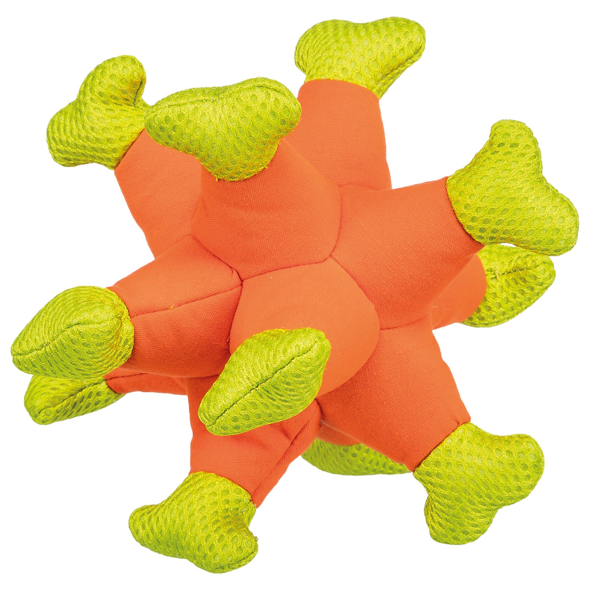 Orangefarbenes Hundespielzeug in Seeigelform mit gelben Elementen. Weiches Material.
