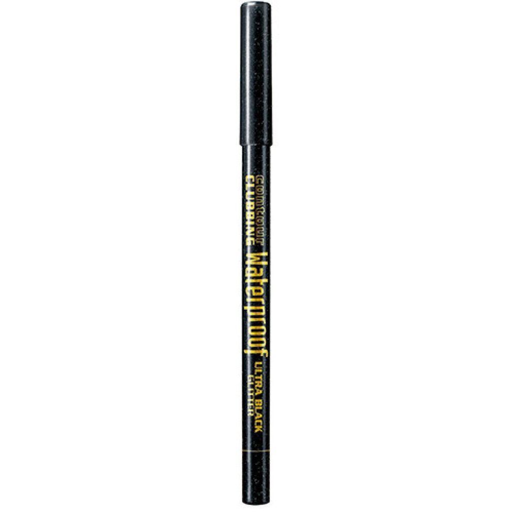 Schwarzer Kajalstift. Aufschrift: Waterproof, Ultra Black, Glitter. Spitze und Ende sind dunkelgrau.